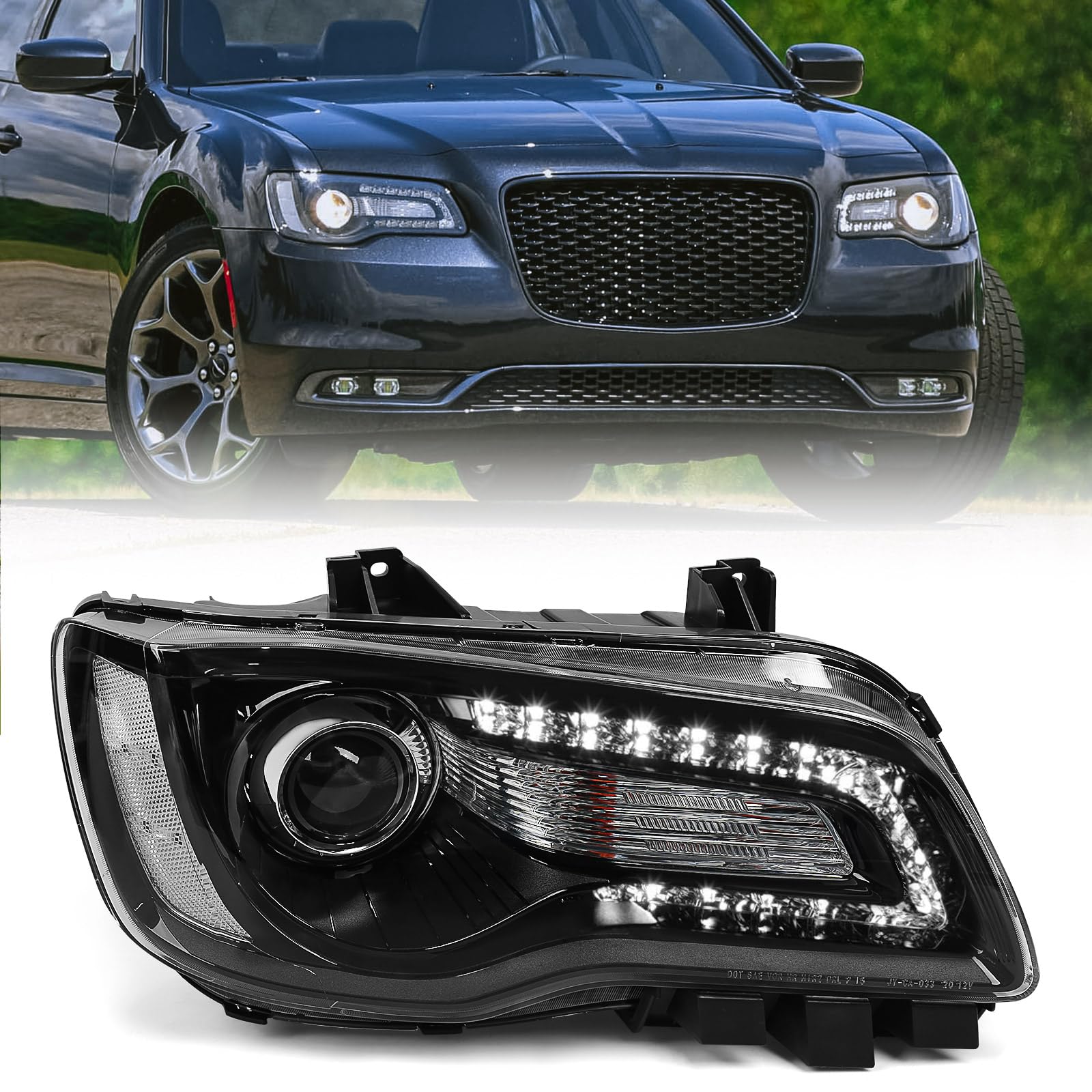 FIONE Halogen Headlights Compatible with Chrysler 300/300C 2015 2016 2017 2018 Headlamp Assembly with Black Bezel Replacement Right Passenger Side RH CH2503269 68214382AD