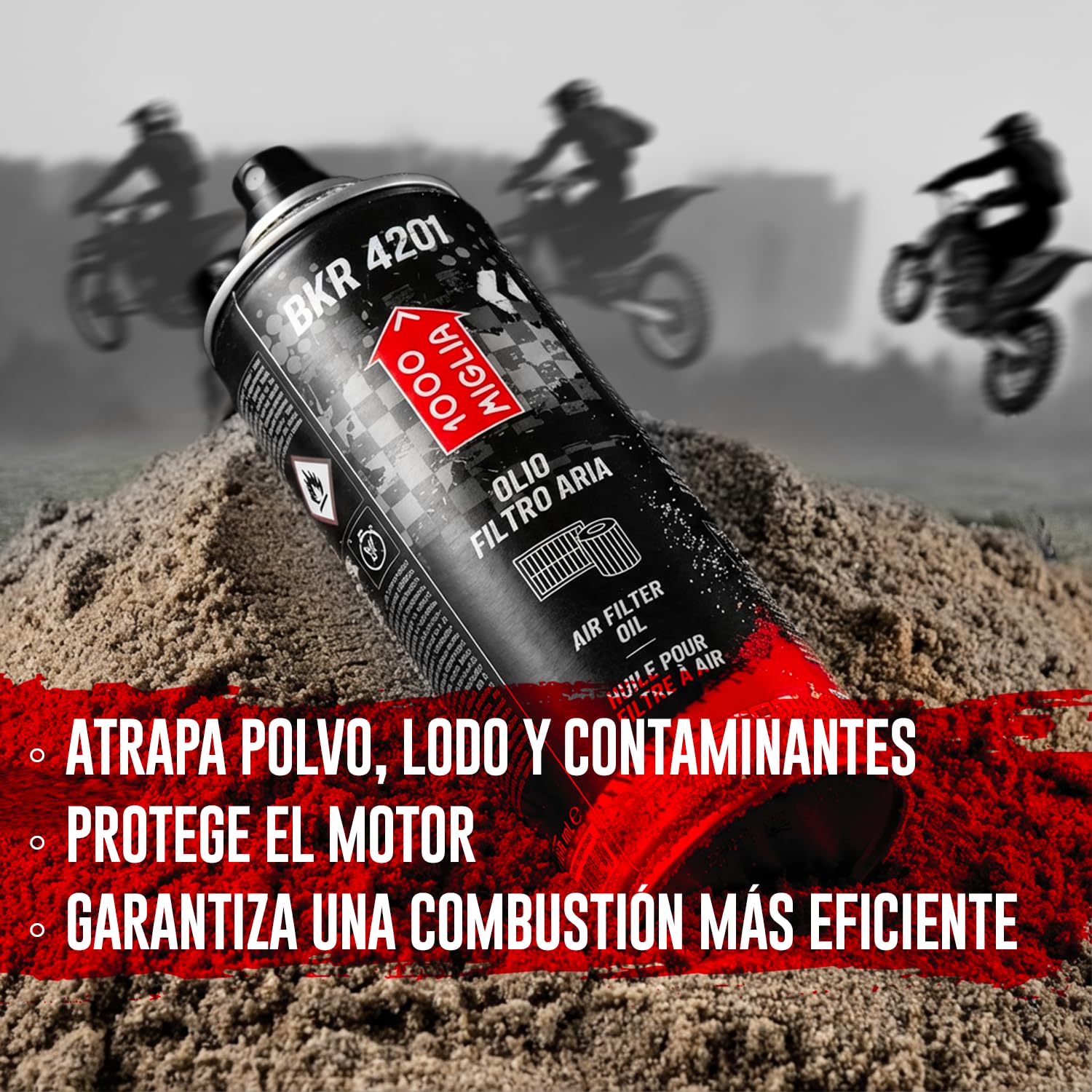 ERRECOM 1000 Miglia BKR 4201 Aceite para Filtro de Aire de Moto en Esponja/Espuma de Poliuretano–Spray de 250ml, Alta Adherencia, protege el Motor de Polvo,Barro y Humedad,optimiza el Flujo de Aire