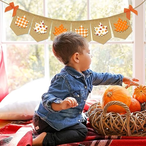 Miniatura 7 de Whaline Cartel de otoño de hoja de arce, pancarta de arpillera de hojas de punto a cuadros naranjas, guirnalda de banderines de hojas de lunares