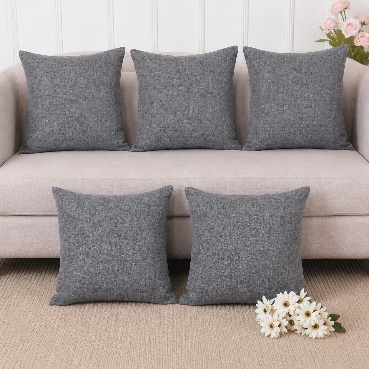 Khooti Jute Cushion Cover | 10x10 | Light Grey | Set of 5 | Throw Pillow Cover for Couches, Chairs, Sofas, Beds, Coffee Tables, Living Rooms, Bedrooms, Modern Boho Design
