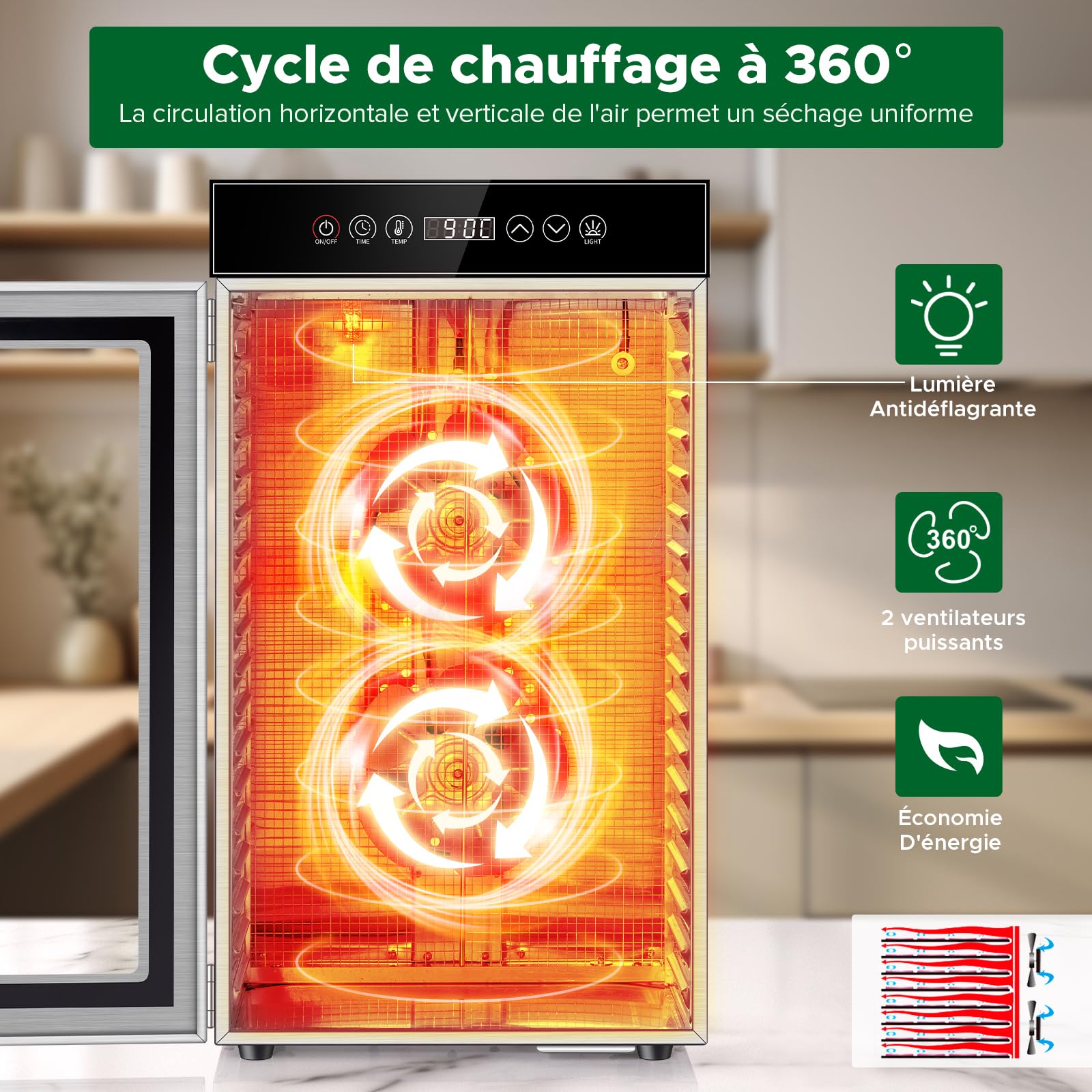 Kwasyo Déshydrateur Alimentaire Professionnel 18 Plateaux, 800W Déshydrateur en Acier Inoxydable avec Circulation d’Air à 360°, Grande Capacité pour Viande, Fruits, Légumes, Herbes