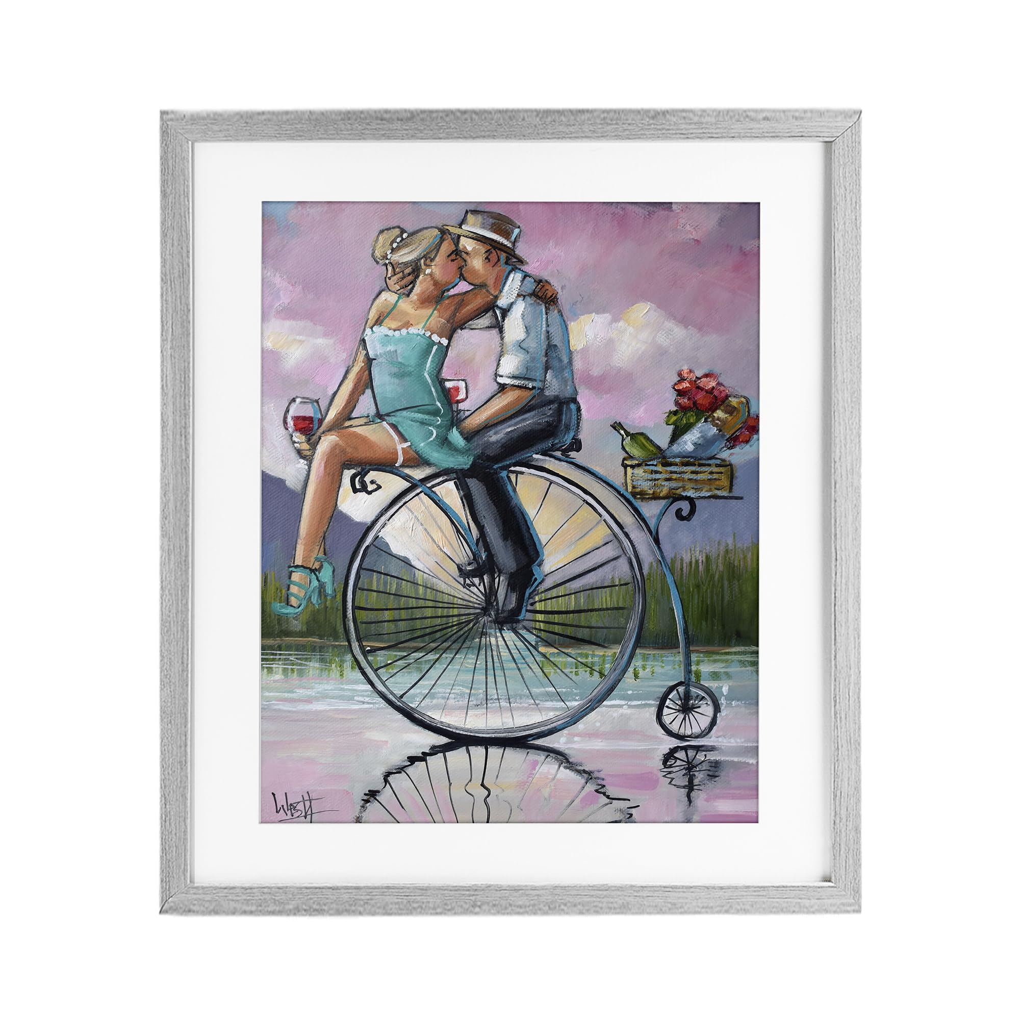 Stupell Industries 'Romantic Picnic on Bicycle', Framed Print Under Glass, Gray, 17 x 21 Inches, Easy to Hang and Sturdy, Made in USA, by Ronald West