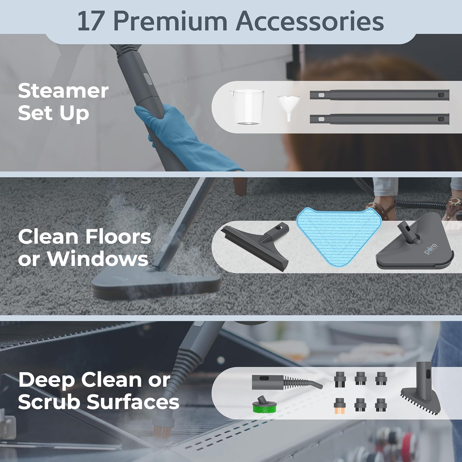 Pure Enrichment PureClean XL Rolling Steam Cleaner – Professional 1.5L Multi-Purpose Heavy Duty Steamer, 17 Accessories, Chemical-Free Deep Cleaning of Floors, Upholstery, Windows, Grout, Cars & More - Image 6