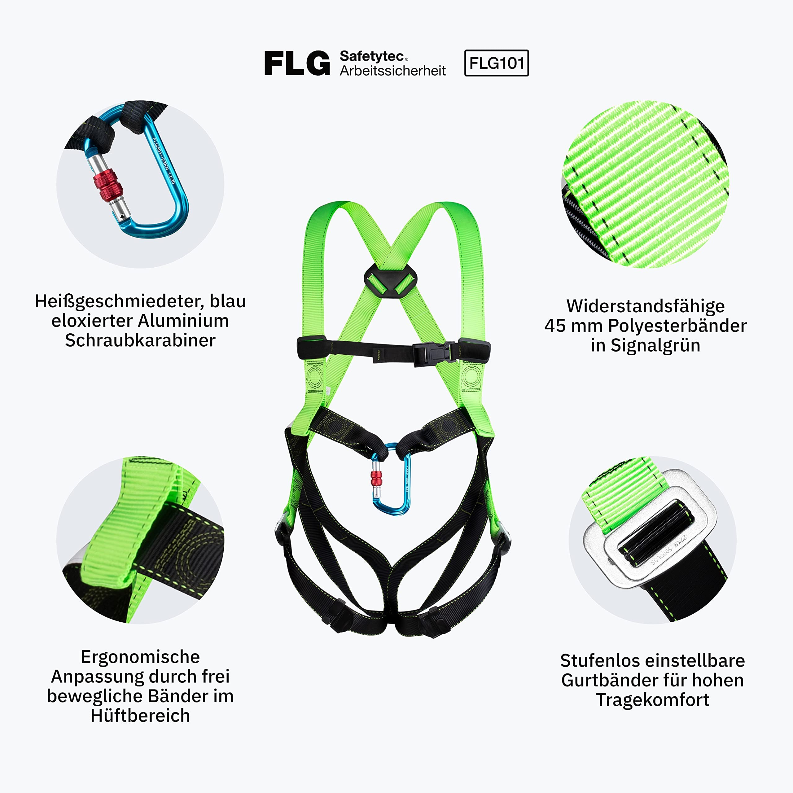 FLG Safetytec® Auffanggurt mit Aluminium Schraubkarabiner und Transporttasche - optimaler Fallschutz bei Höhenarbeiten