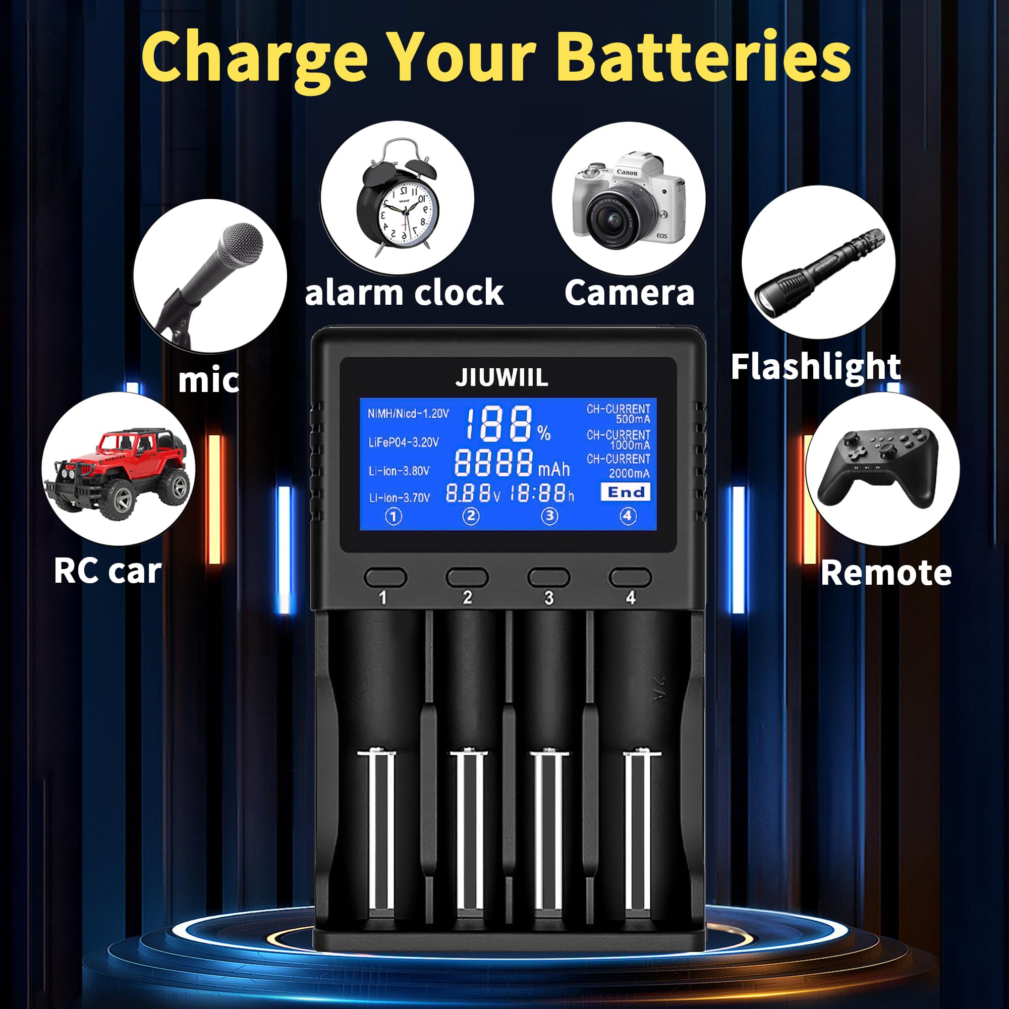 4 emplacements Chargeur de Batterie 18650 avec écran LCD | Chargeur Universel Rapide à pour Batteries Rechargeables Li-ion LiFePO4 26650 18650 16340 10440 14500 RCR123