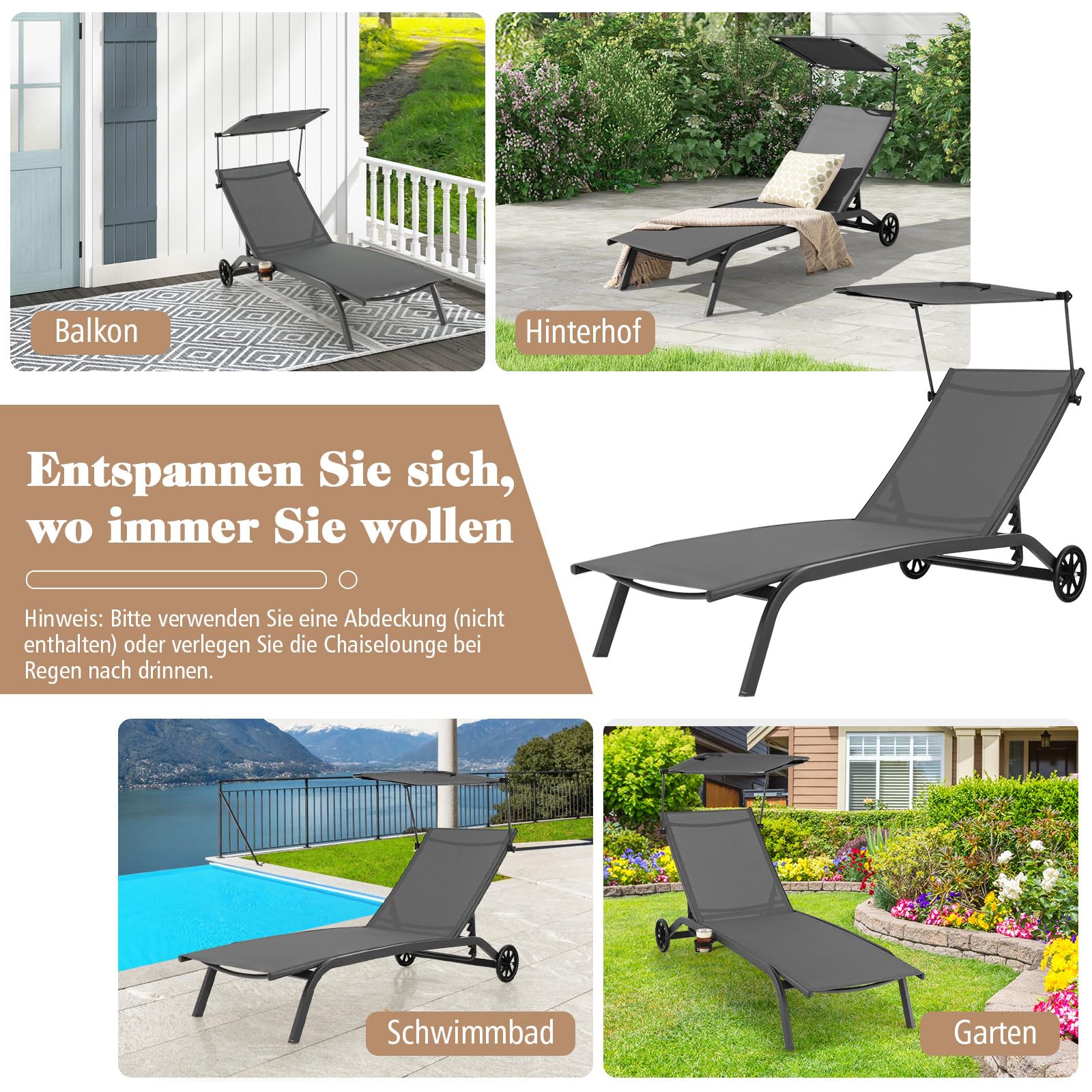 COSTWAY Sonnenliege mit Rollen, Dach und Getränkehalter, Gartenliege mit Verstellbarer Rückenlehne, Terrassenliege, Liegestuhl, Rollliege für Garten, Terrasse, Balkon (Grau)