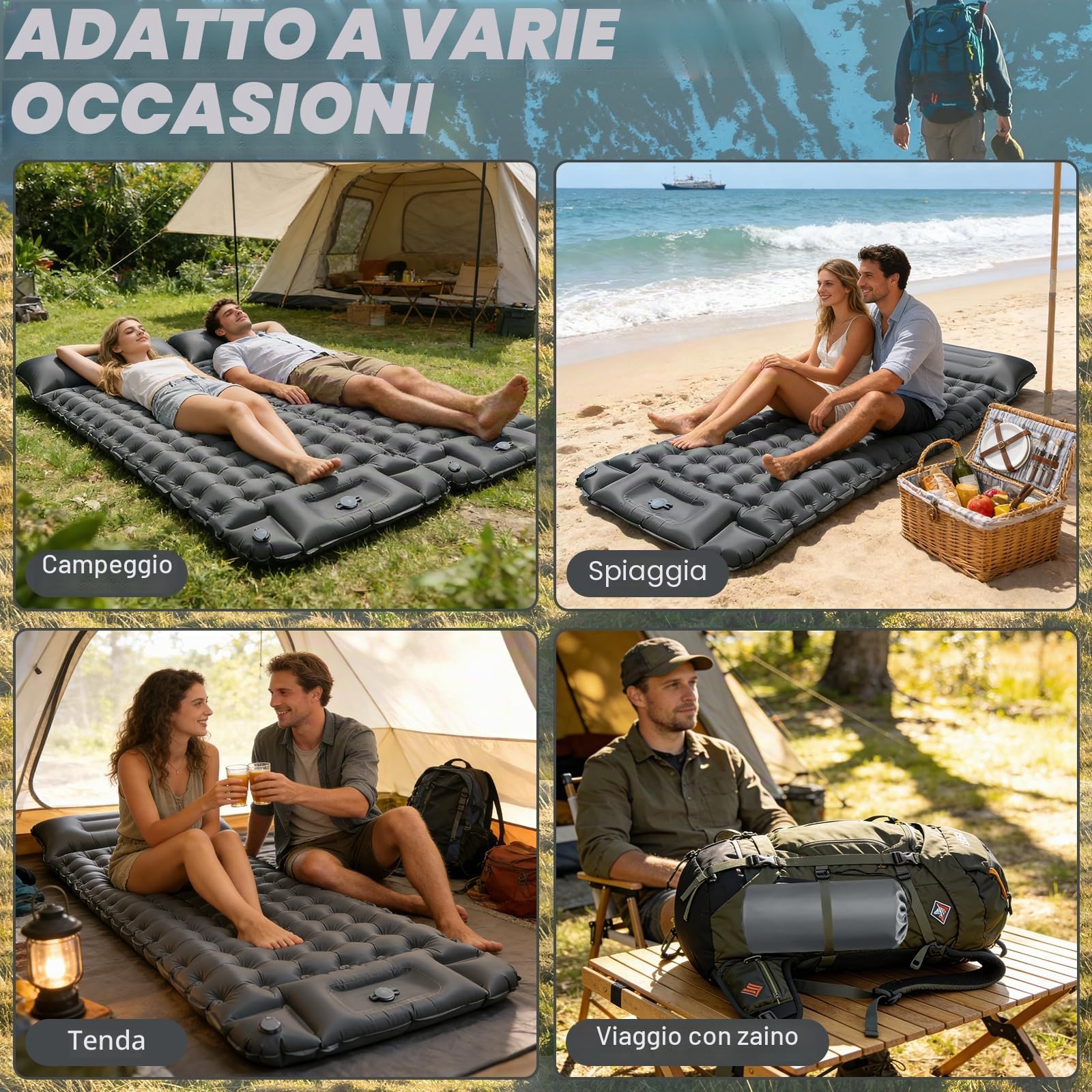 Materassino Campeggio Autogonfiante, Ultraleggero Materasso Gonfiabile Campeggio con Cuscino, Portatile Materassino Autogonfiabile per Escursionismo, Trekking, Tenda(Grigio)