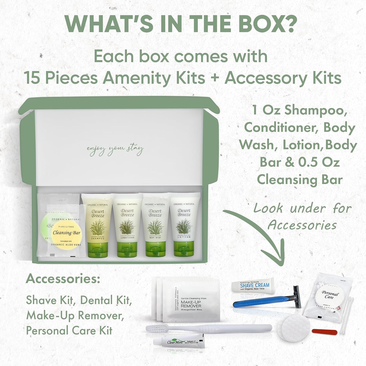 Desert Breeze Amenity & Accessory Kit | 1 oz Shampoo, Conditioner, Lotion, Body Wash, Body Bar, Cleansing Bar, Shave & Dental Sets, Make-Up Wipes, Vanity Kit | 15 Sets per Case