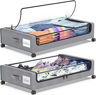 Beborxue Unterbettkommode mit Rollen, 2 Stück unter dem Bett Aufbewahrungsbehälter mit Deckel, XXL 60 l, Unterbett-Aufbewahrungsbehälter für Schuhe, Decken (Grau)