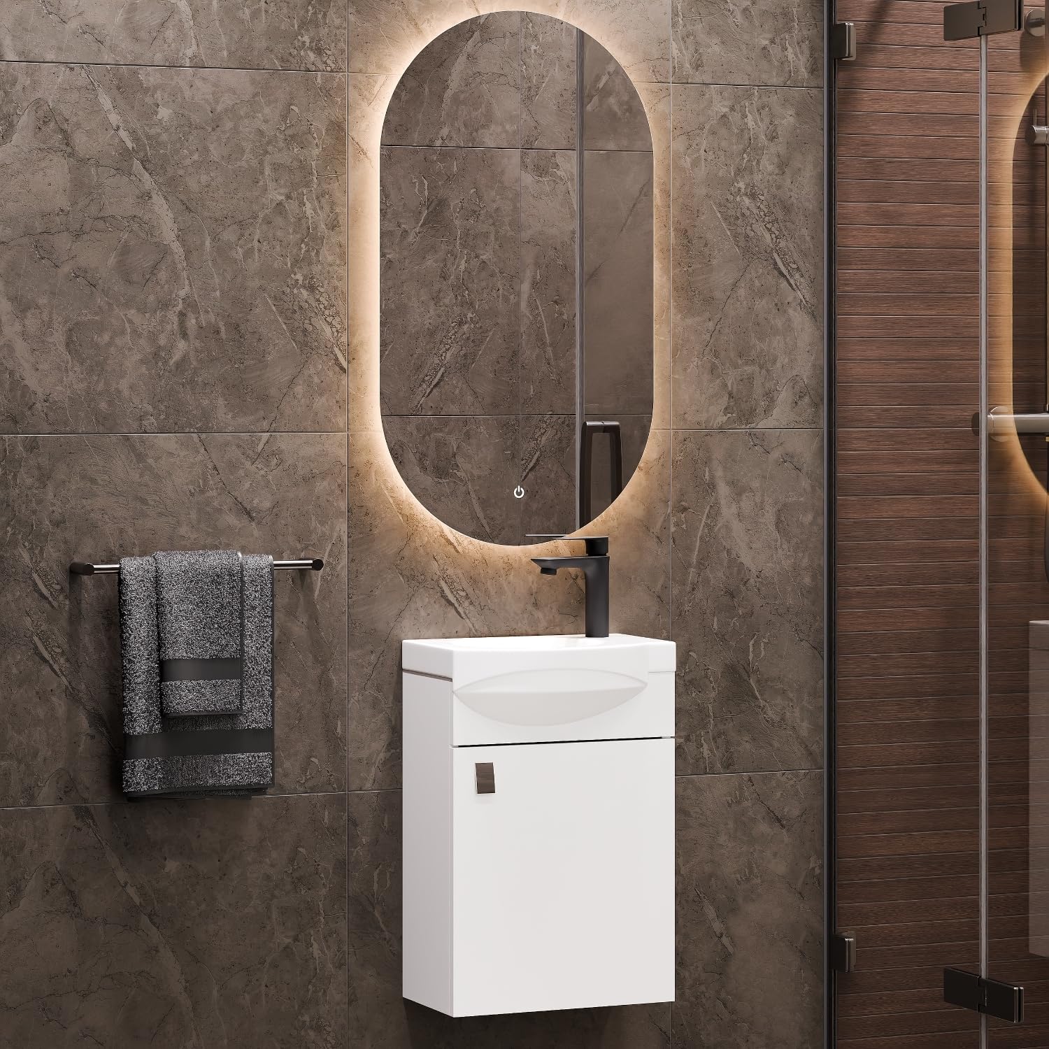 Planetmöbel Conjunto de Muebles de baño Lavabo con Mueble bajo 40 x 60 x 29 cm, Espejo con iluminación 50 x 90 cm para Cuarto de baño y WC de Invitados, Blanco