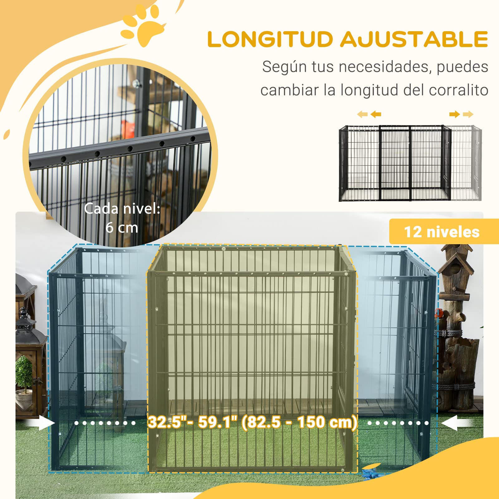 PawHut Parque para Perros de 6 Paneles Ajustable Corralito para Perros Cercado para Mascotas con Marco de Acero 82,5-150x79x81 cm Negro
