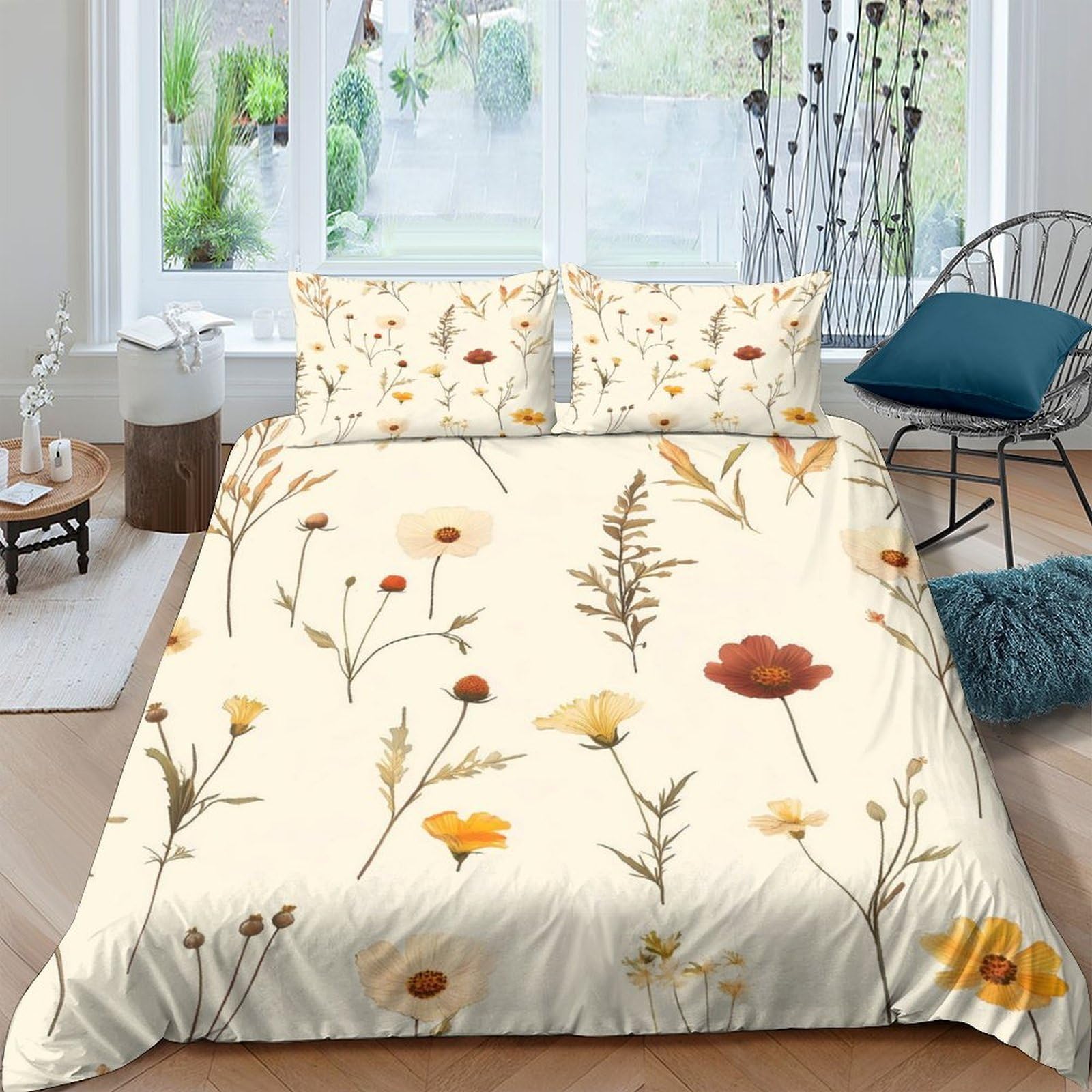 GPLZQXKJNH 3D Printed Wildflower Duvet Cover Microfiber Soft Breathable Meadow Floral Bedding Set with 2 Pillowcases for Bedroom Decor Single（135x200cm）