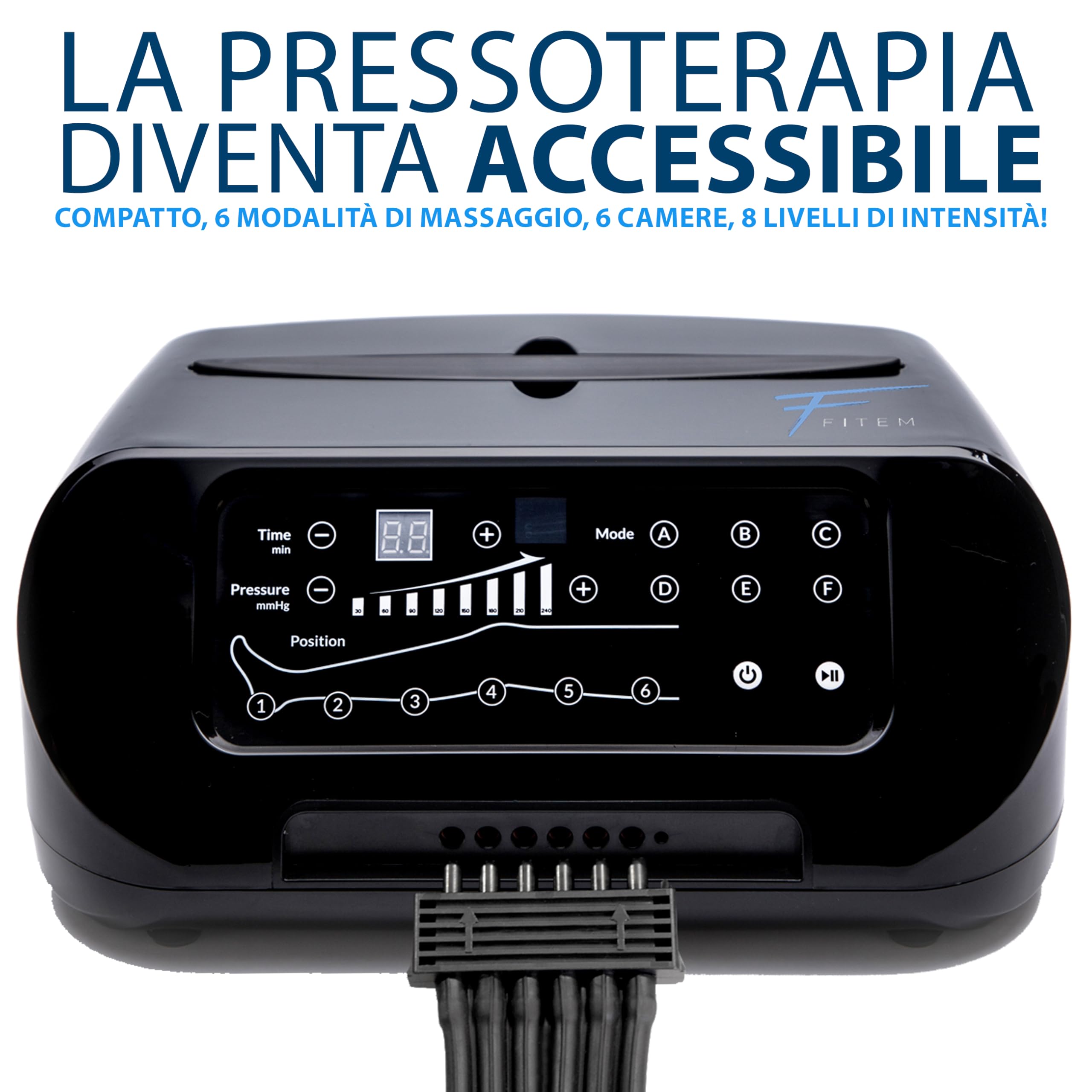 Fitem Stivali da pressoterapia 6 programmi - 6 camere - Massaggio profondo gambe, piedi - Drenaggio linfatico, gambe pesanti, edema, linfedema, lipoedema, cellulite - recupero sportivo - Garanzia (L)