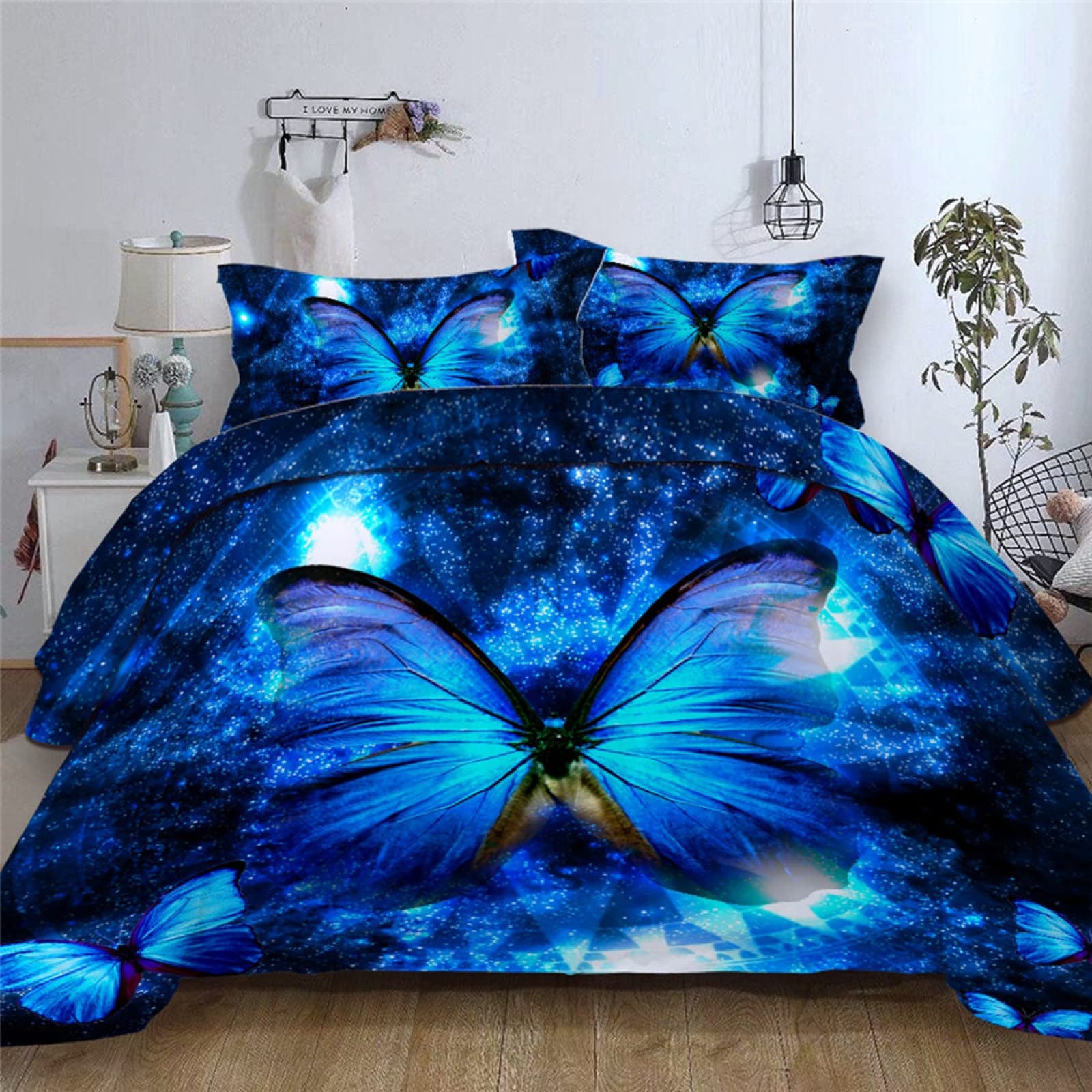 Parure de lit 90x190 enfant papillon bleu anti-pli en microfibre respirante pour lit une place