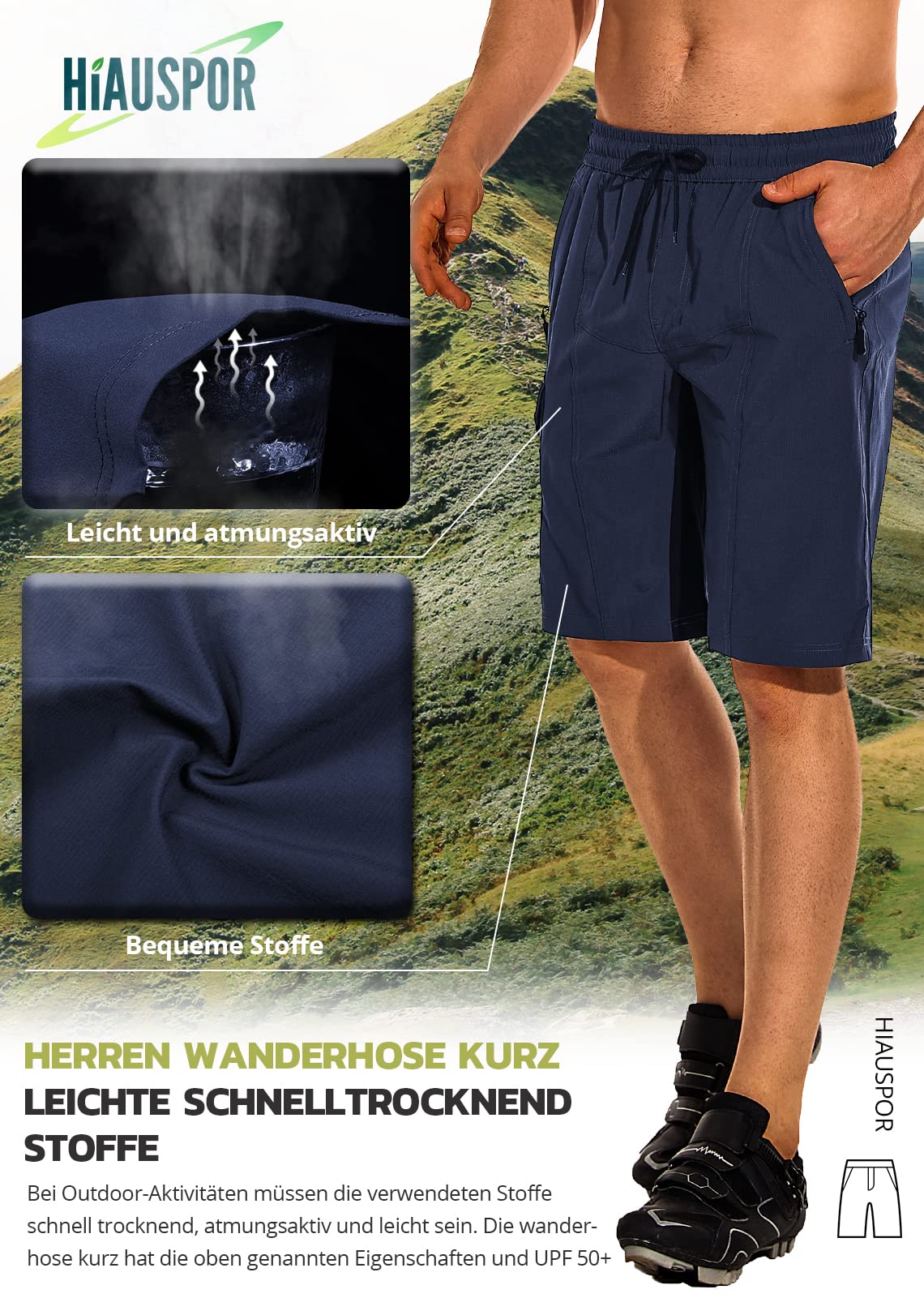 Hiauspor Pantalones Cortos de Senderismo para Hombre, 5 Bolsillos, Azul