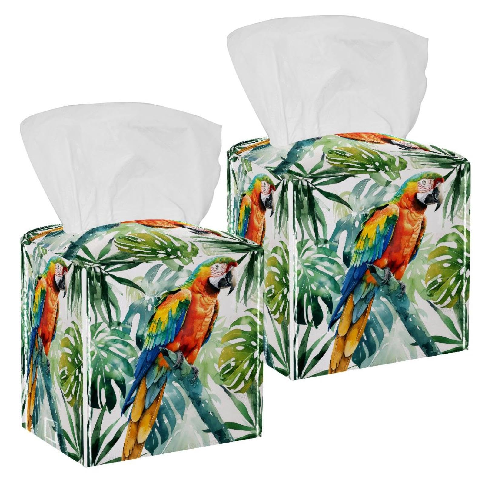 Watercolor Parrot Tissue Box Cover, 2 Pack PU Leather Square Facial Tissue Dispenser Box holder for Home Office Car