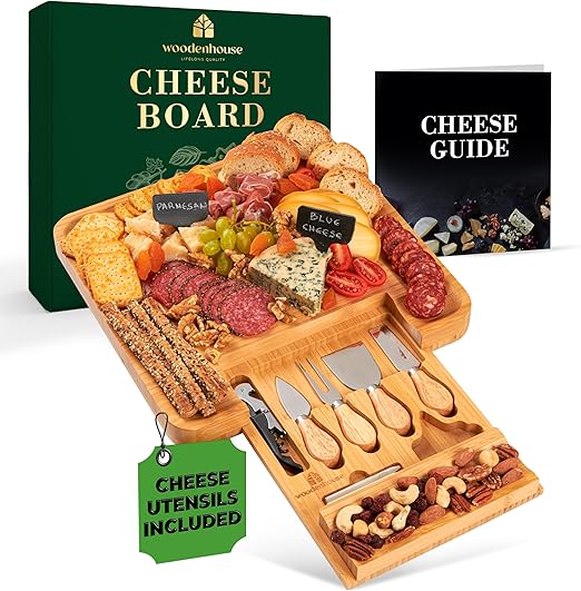 Cheese Platter and Meat Tray - Bamboo Charcuterie Board Set With Utensils and Wine Opener Included