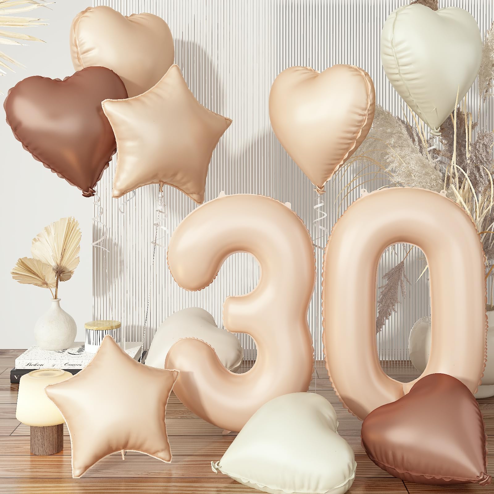 30 Balloons Beige, Cream Nude Brown Taupe Sand White Heart Number 30 Balloon Decor, Neutral Tan Foil Helium Star Balloons Boho Set for Women Men 30th