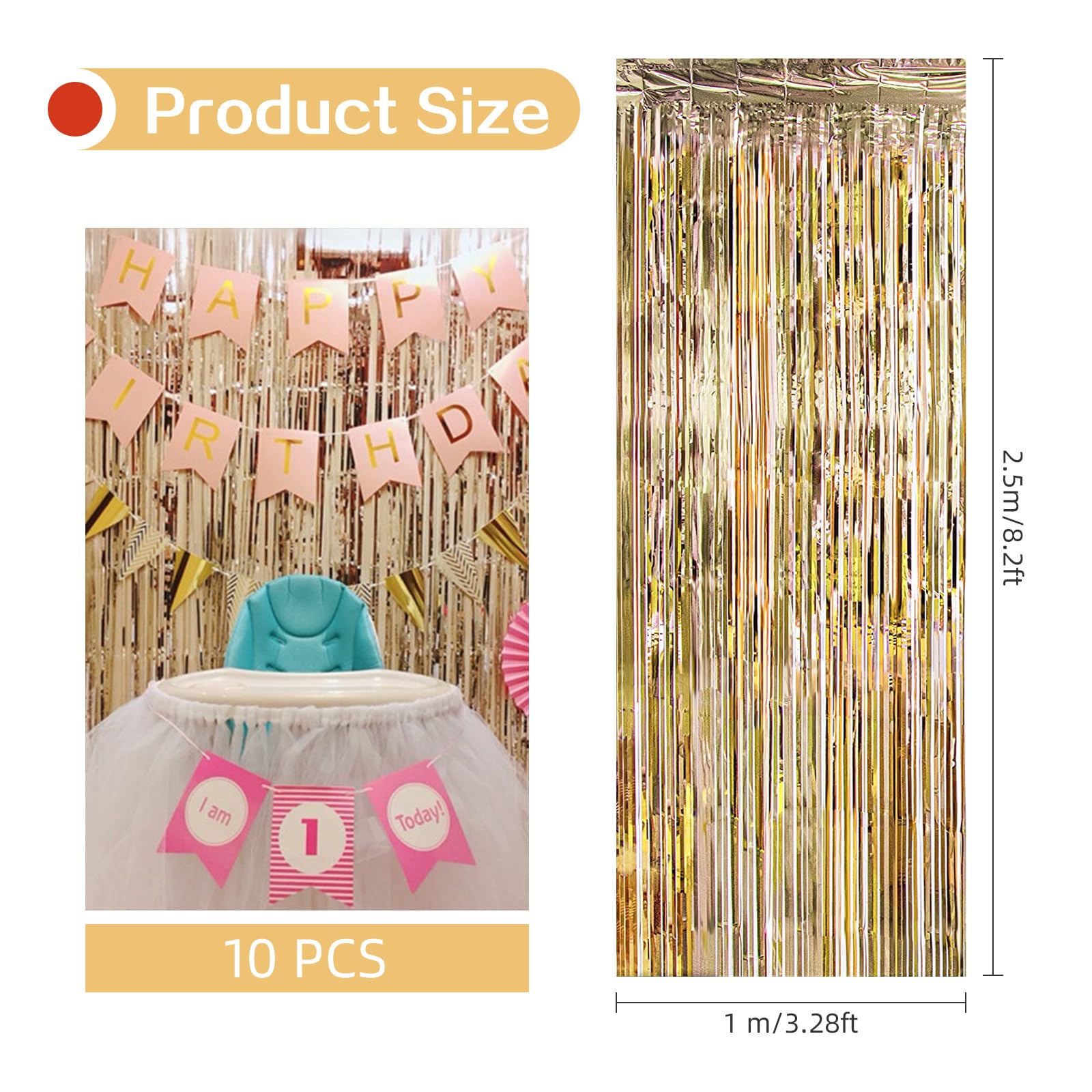 Lot de 10 Rideaux à Franges en Feuille d'aluminium métallique pour Cabine Photo, décoration de fête d'anniversaire, fiançailles, Mariage, Noël (Champagne doré) 1 x 2,5 m
