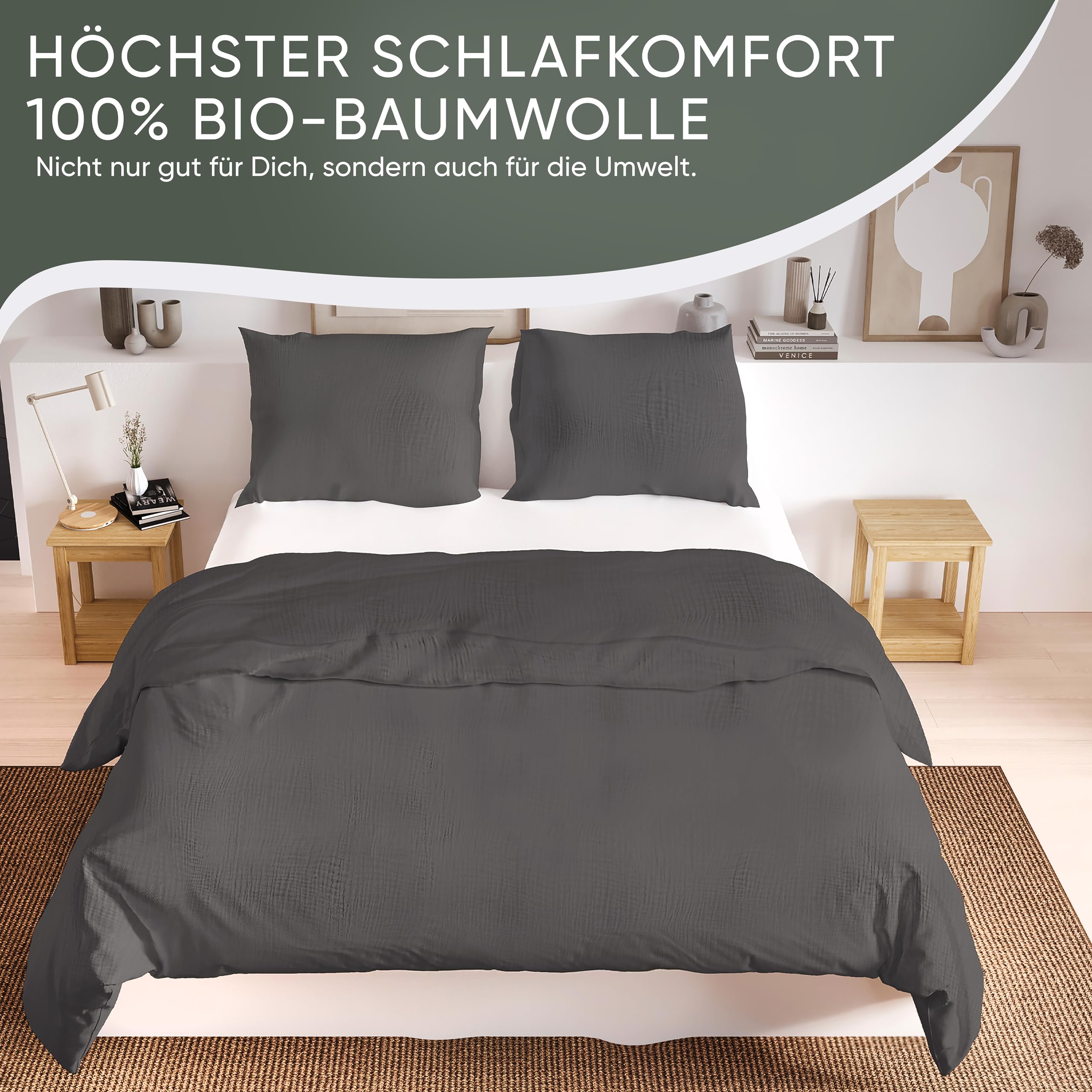 jilda-tex Bio-Bettwäsche Musselin Medina 100% Bio-Baumwolle Knitterlook Bügelfrei Uni Made in Green (Dunkelgrau, 135x200 + 80x80 cm)