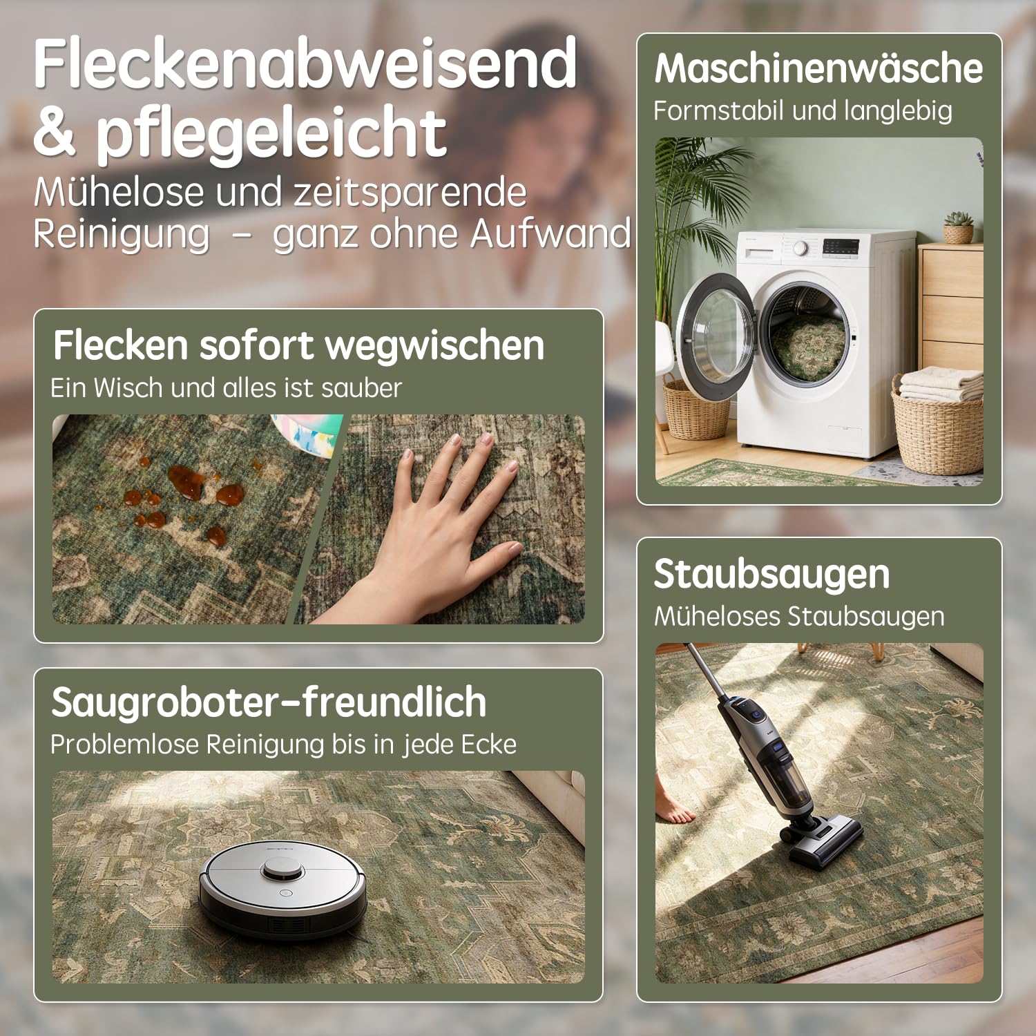 Vintage Waschbarer Teppich Wohnzimmer Dunkelgrün ⌀160 cm