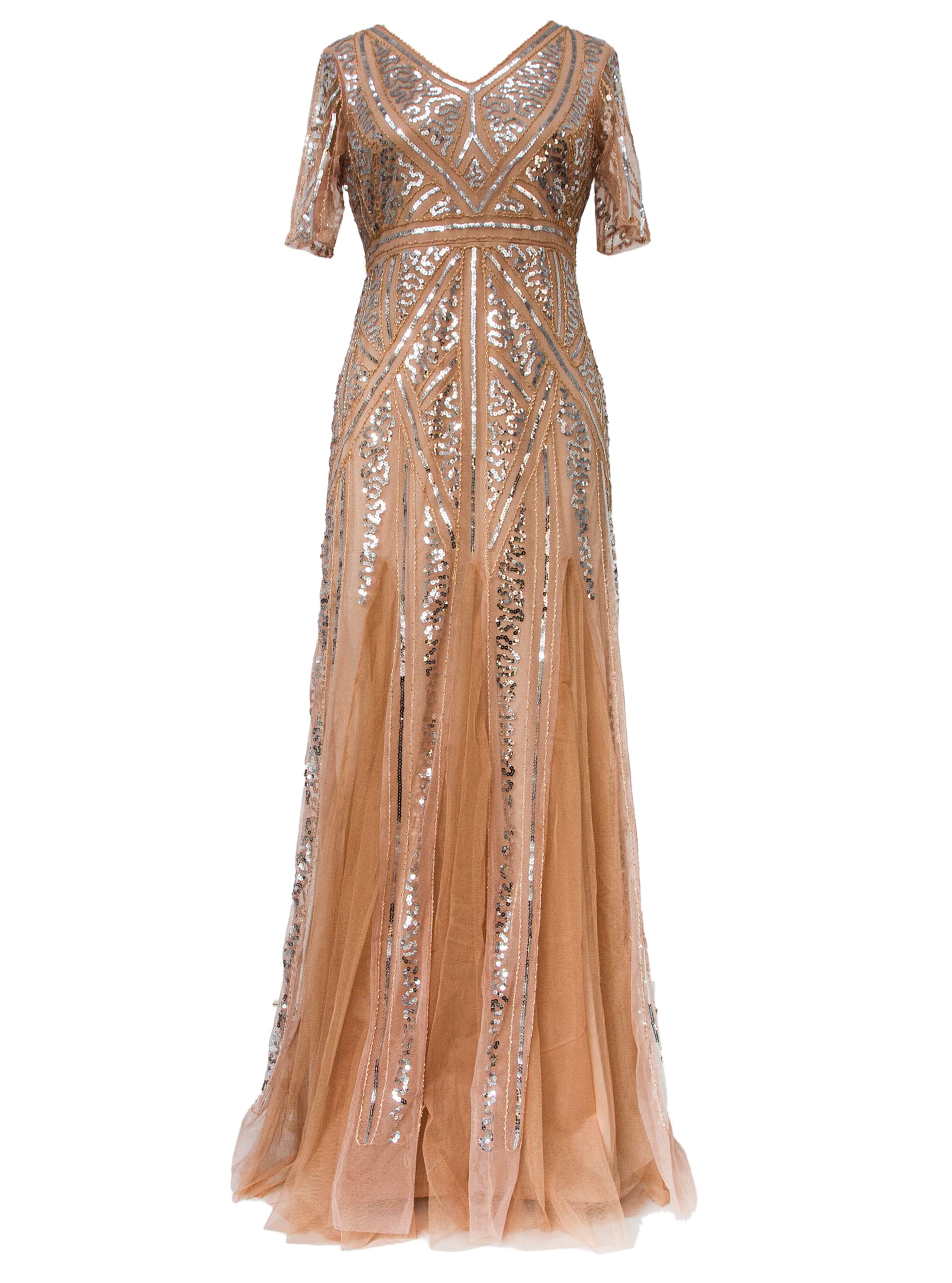 FAIRY COUPLE Women's V Neck Short Sleeve Beaded Maxi Gown Formal Dresses