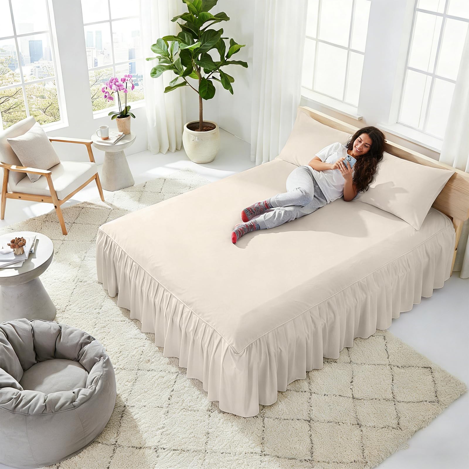 Volant Cache-lit élégant avec volants Wrap Around Style Jupe de lit à envelopper Housse de lit Ruffled Solid Bed Rock (140 x 200 cm, hauteur 45 cm) Beige