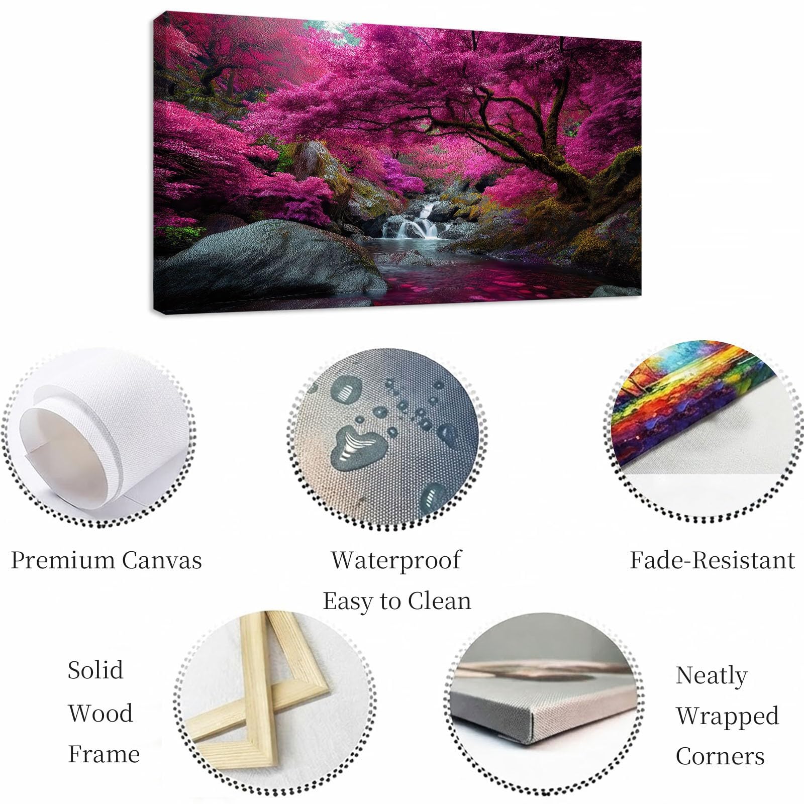 Obraz ścienny natura krajobraz obraz obraz na płótnie - 90 x 60 cm, wydruk na płótnie z lasem, drzewo skała, oprawiona sztuka ścienna do salonu i sypialni, dekoracja ścienna, różowy