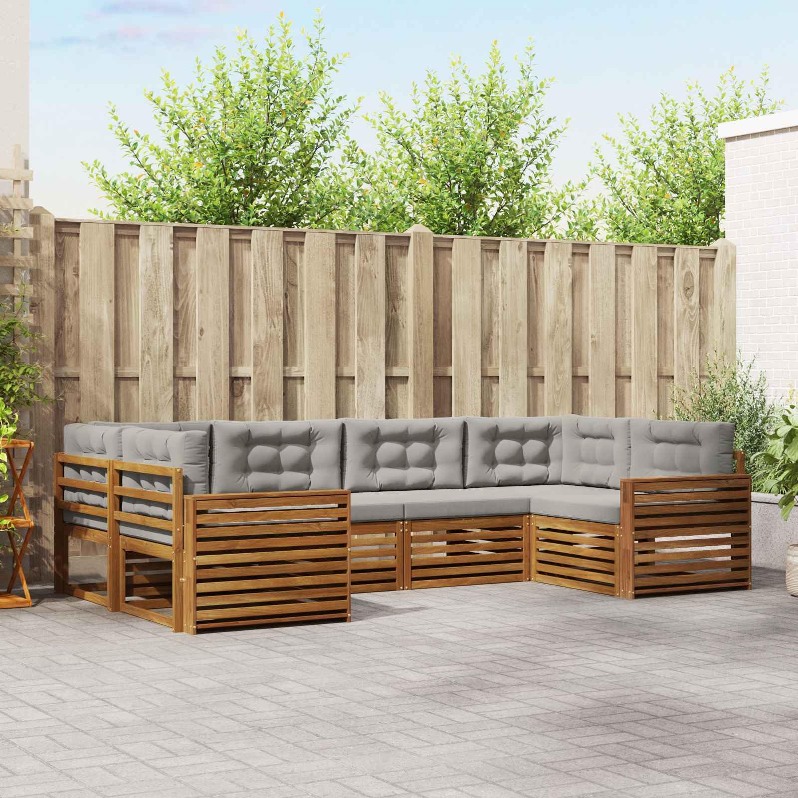 Zestaw sof na zewnątrz z poduszką 6 sztuk, meble ogrodowe z litego drewna akacjowego, komplet mebli tarasowych w kolorze naturalnym i jasnoszarym, nowoczesny design modułową