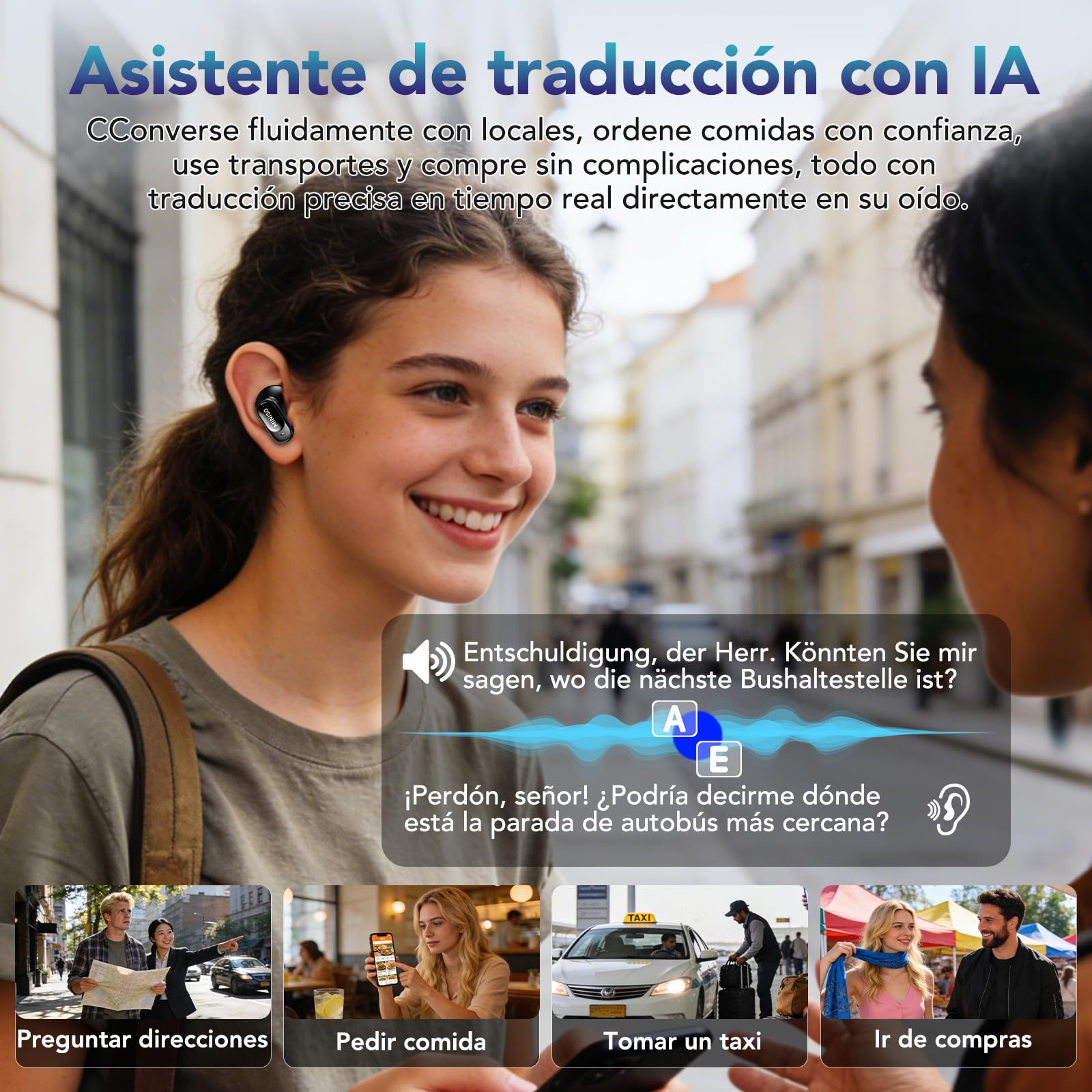 MINISO MS105 Auriculares de traducción en Tiempo Real con aplicación, 134 Idiomas, traductor de Auriculares en Tiempo Real, Auriculares Abiertos de 60H para iOS y Android, Viajes y Viajes