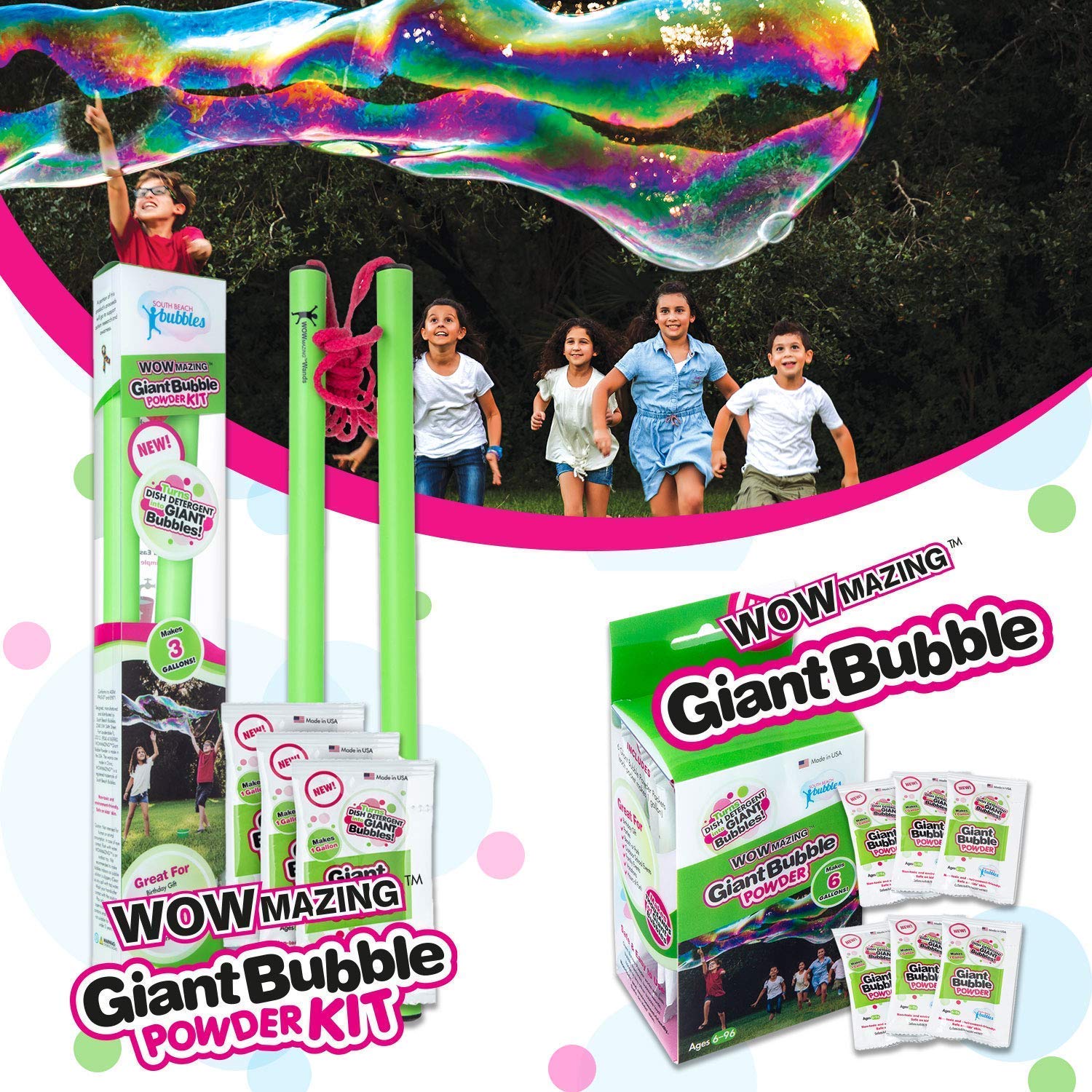 WOWMAZING Giant Bubble Powder Kit & Giant Bubble Powder Mix | Makes 9 GALLONS | Turns Dish Detergent into Big Bubbles | Non Toxic Safe & Natural | Birthdays,Outdoor Family Fun for Girls & Boys