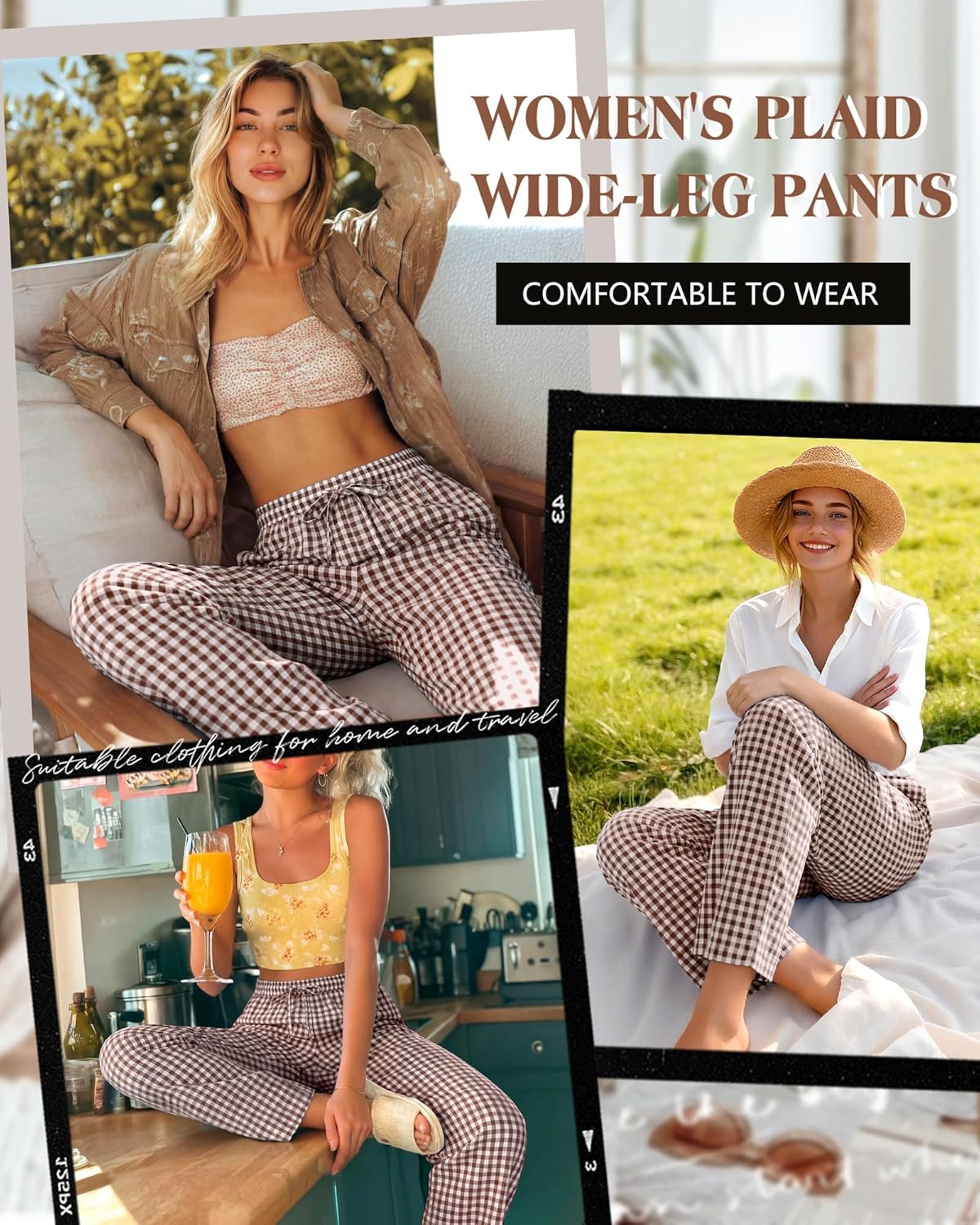 Neer Women's Striped Gingham Pants Cotton Plaid Pajama Lounge Boxer Pants Drawstring Pj Bottoms Wide Leg Trousers with Pocket - Image 3