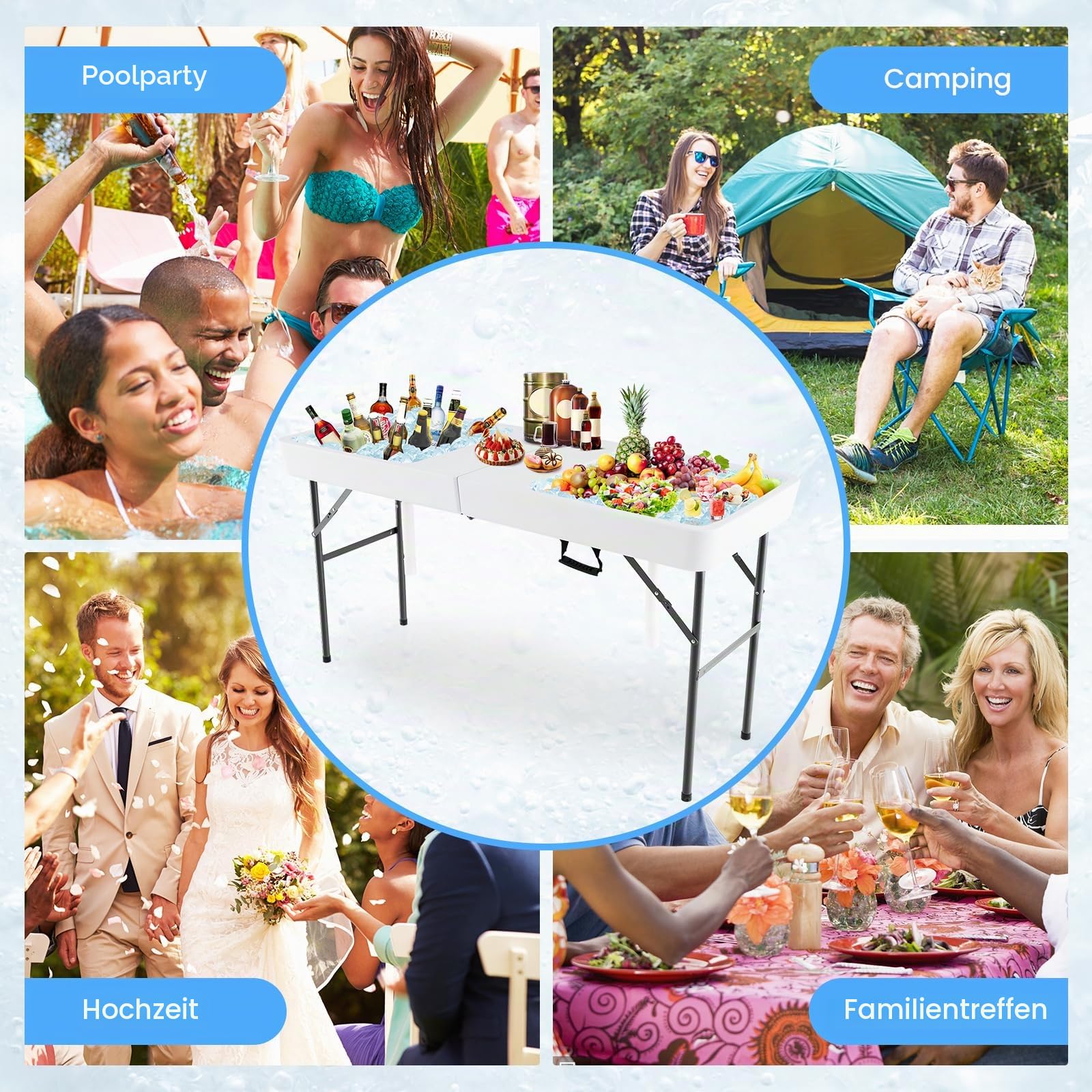 GIANTEX klappbarer Eiskühltisch, Kühltisch mit tiefer Doppelspüle & Entwässerungsloch, Getränkekühler mit abnehmbarem Tischrock, tragbarer Gartentisch für Party, Camping, Picknick & BBQ