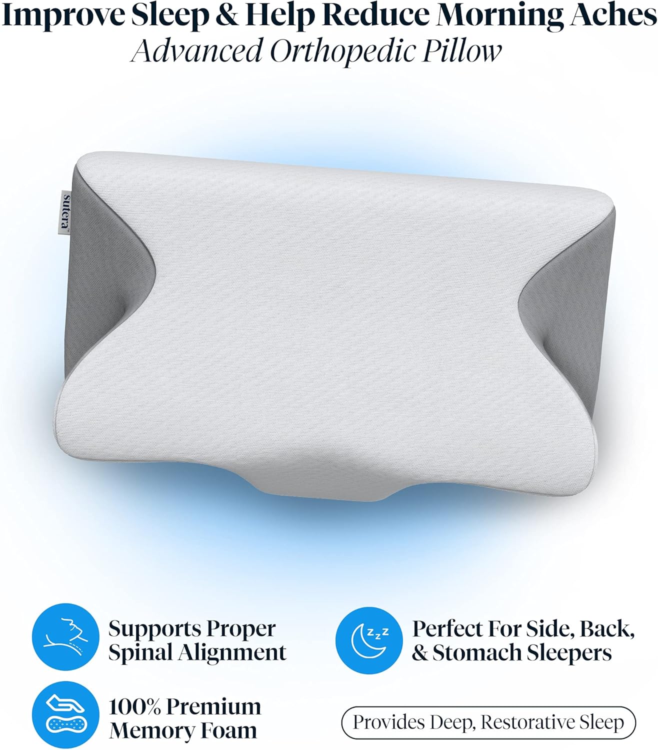 Sutera Dream Deep Memory Foam Pillow for Sleeping, Cervical Pillow for Neck Pain Orthopedic Contour Pillow with Washable Cover, (White/Grey) : Home & Kitchen