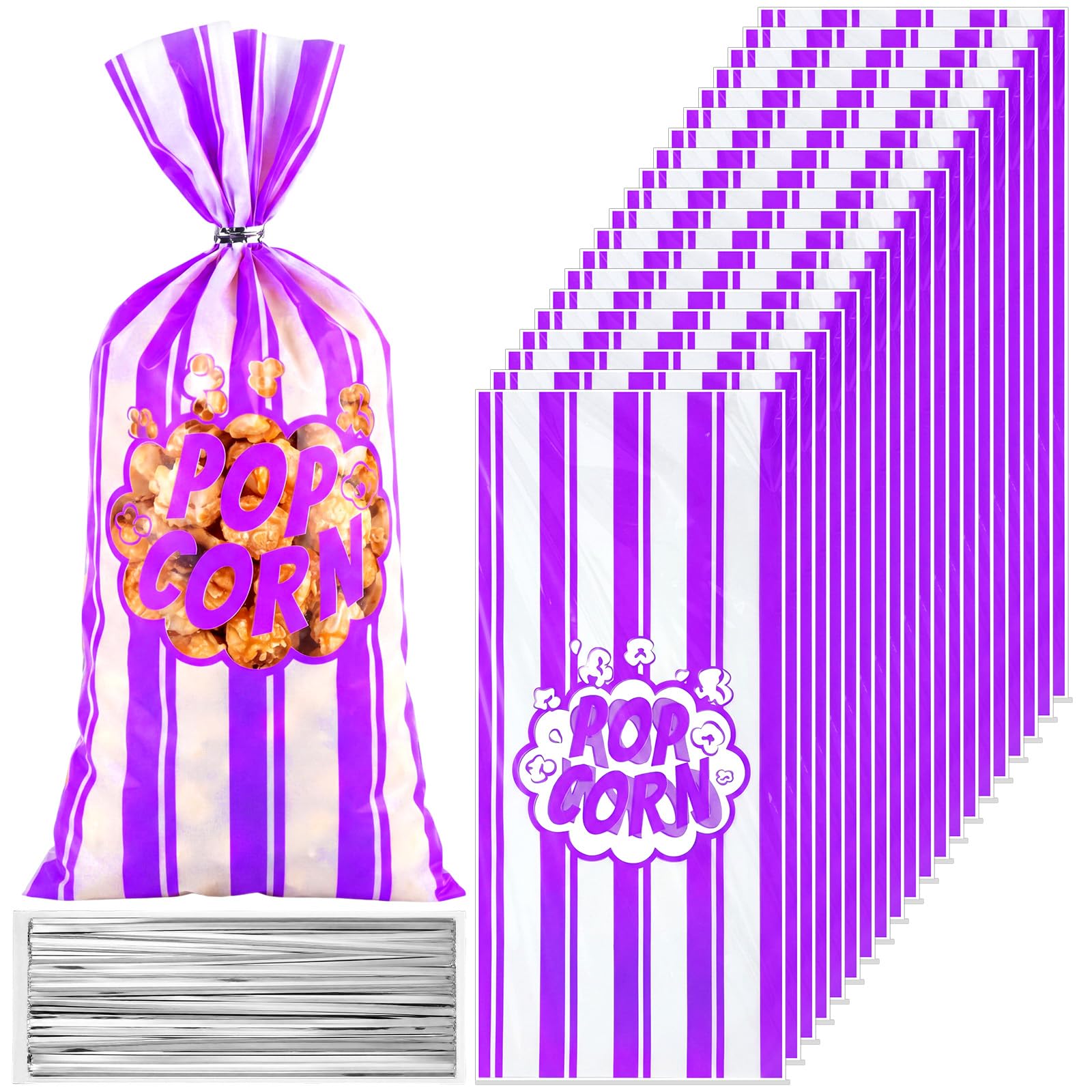 200 Pcs Halloween Popcorn Bags Bulk, Purple Striped, Plastic