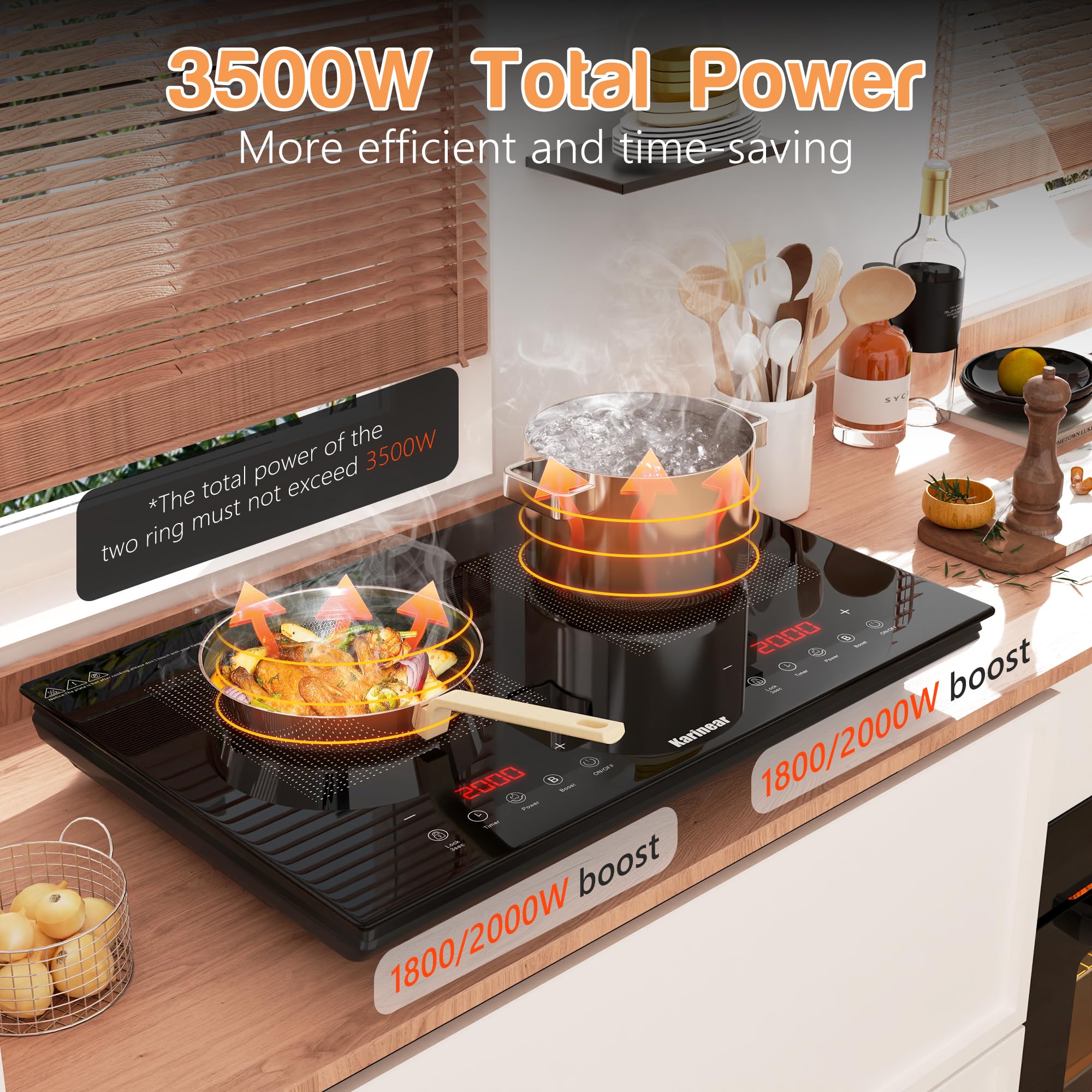 Karinear Double Induction Hob, Upgrade Induction Cooker Touch Contol 9 Powe Level, 3500W 4H Timer, Safety Lock (1 Unit) for kitchenette, RVS, Camping — view 2