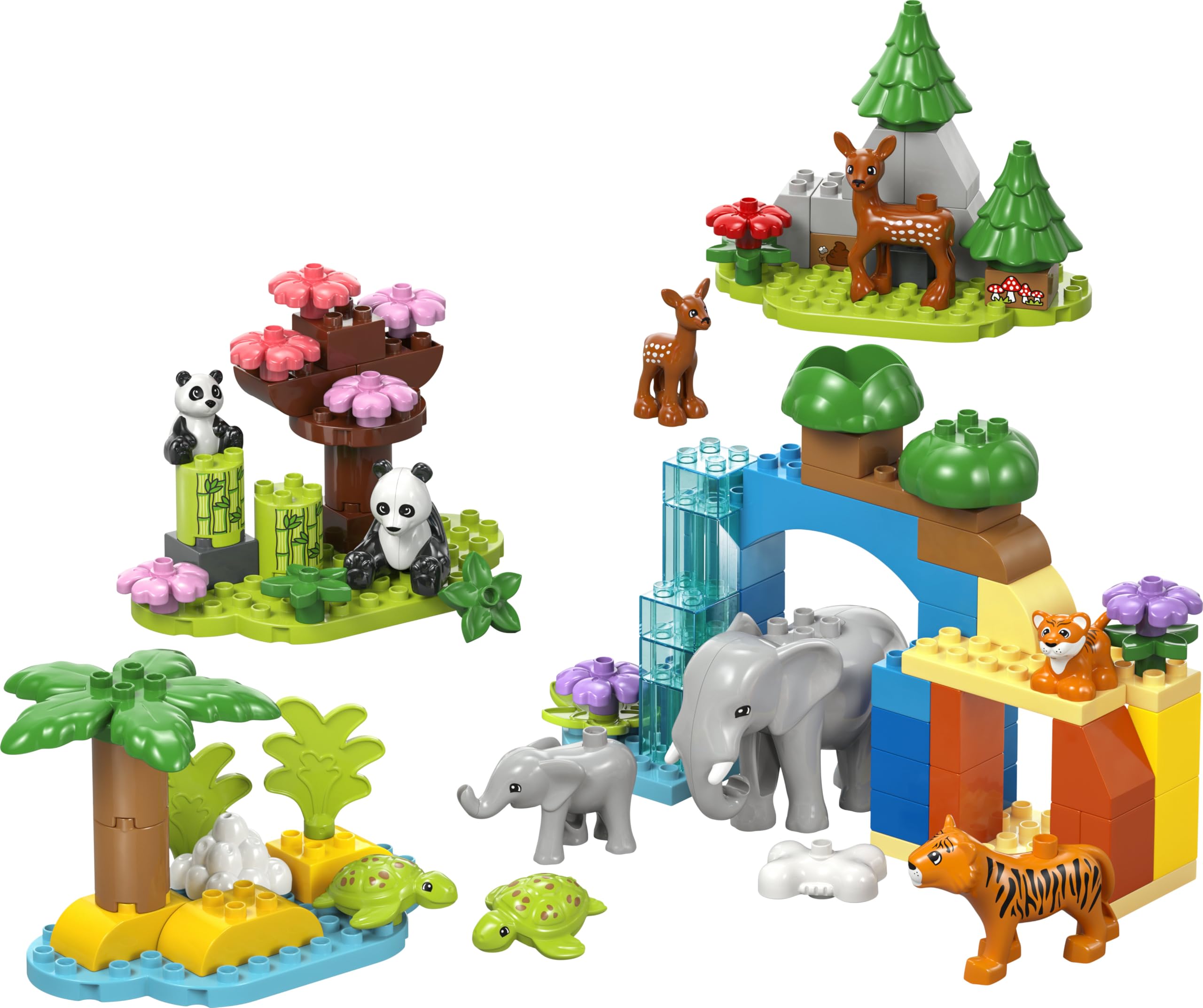 LEGO Duplo Familles d’Animaux Sauvages 3-en-1 - Jouet Éducatif pour Enfants dès 2 Ans - Figurines de Tortue, Tigre, Éléphant, Daim & Panda avec Habitats Constructibles - Cadeau Fille ou Garçon 10446
