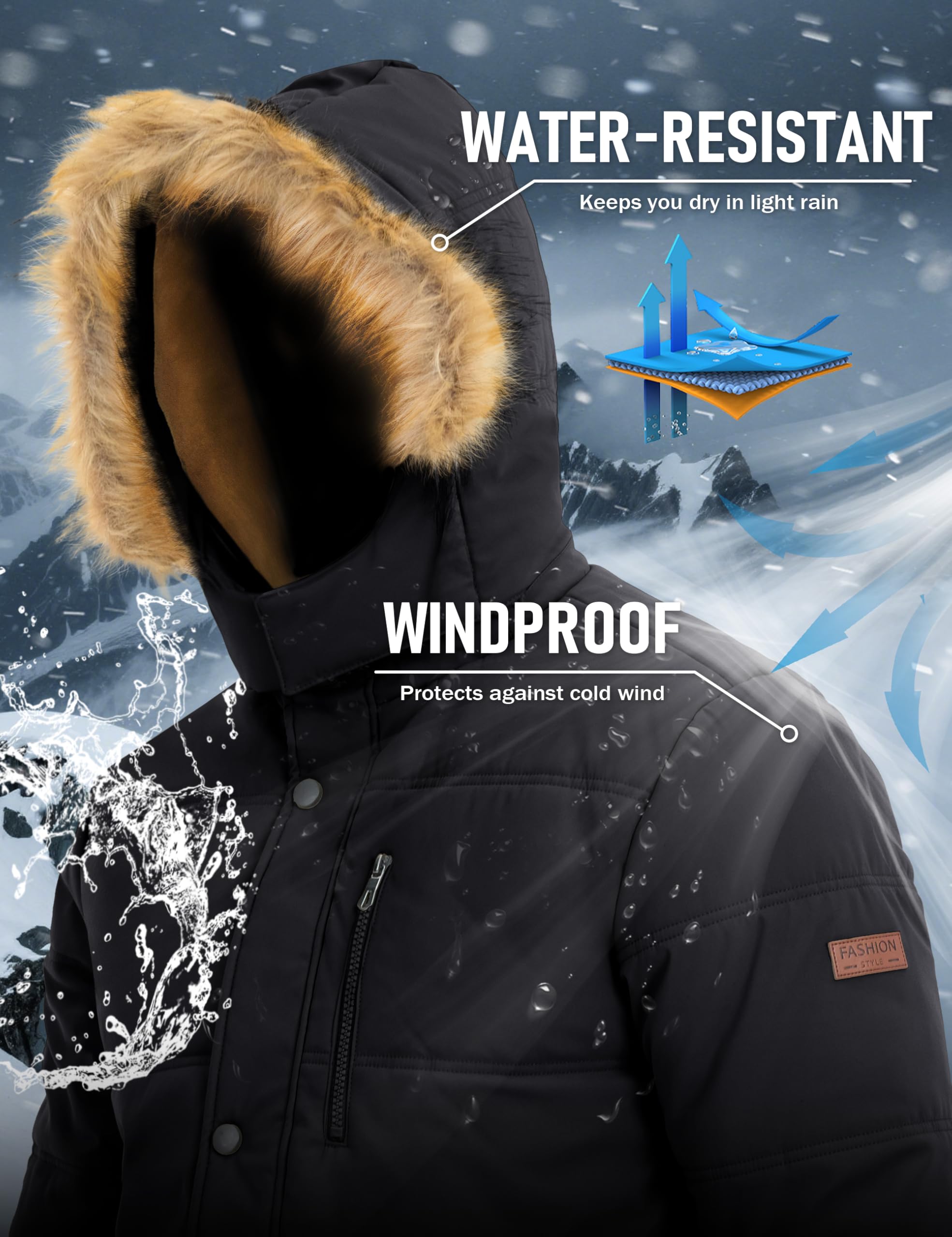 MAGCOMSEN Herren Winter Parka Jacke Winddicht Outdoor Warme Fleecejacke Freizeit Übergangsjacke Wasserabweisende Gefüttert Wanderjacke Verdickt Arbeits Jacken mit Abnehmbar Kapuze