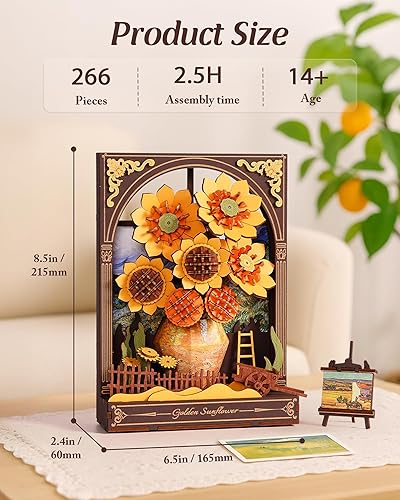 Miniatura 3 de Rompecabezas de madera 3D para adultos  Van Gogh Golden Sunflower DIY Kit de construcción de modelos con luz LED  Decoración del hogar, arte de