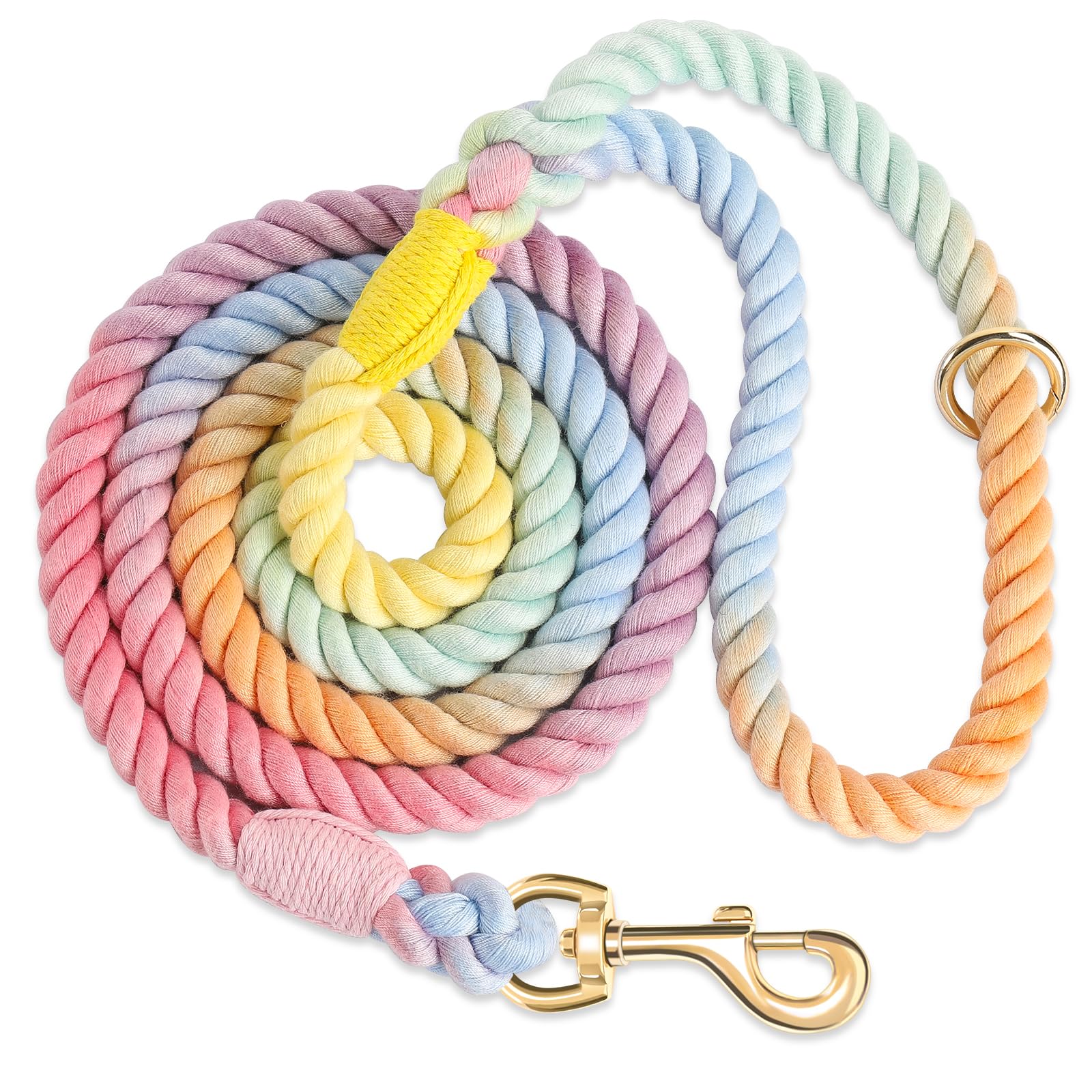 NUGUTIC Dog Leash 6 FT Handmade Braided Cotton Rope Leashes for Small Medium and Large Dogs, New Golden Heavy Duty Metal Clasp, Colorful Macaron