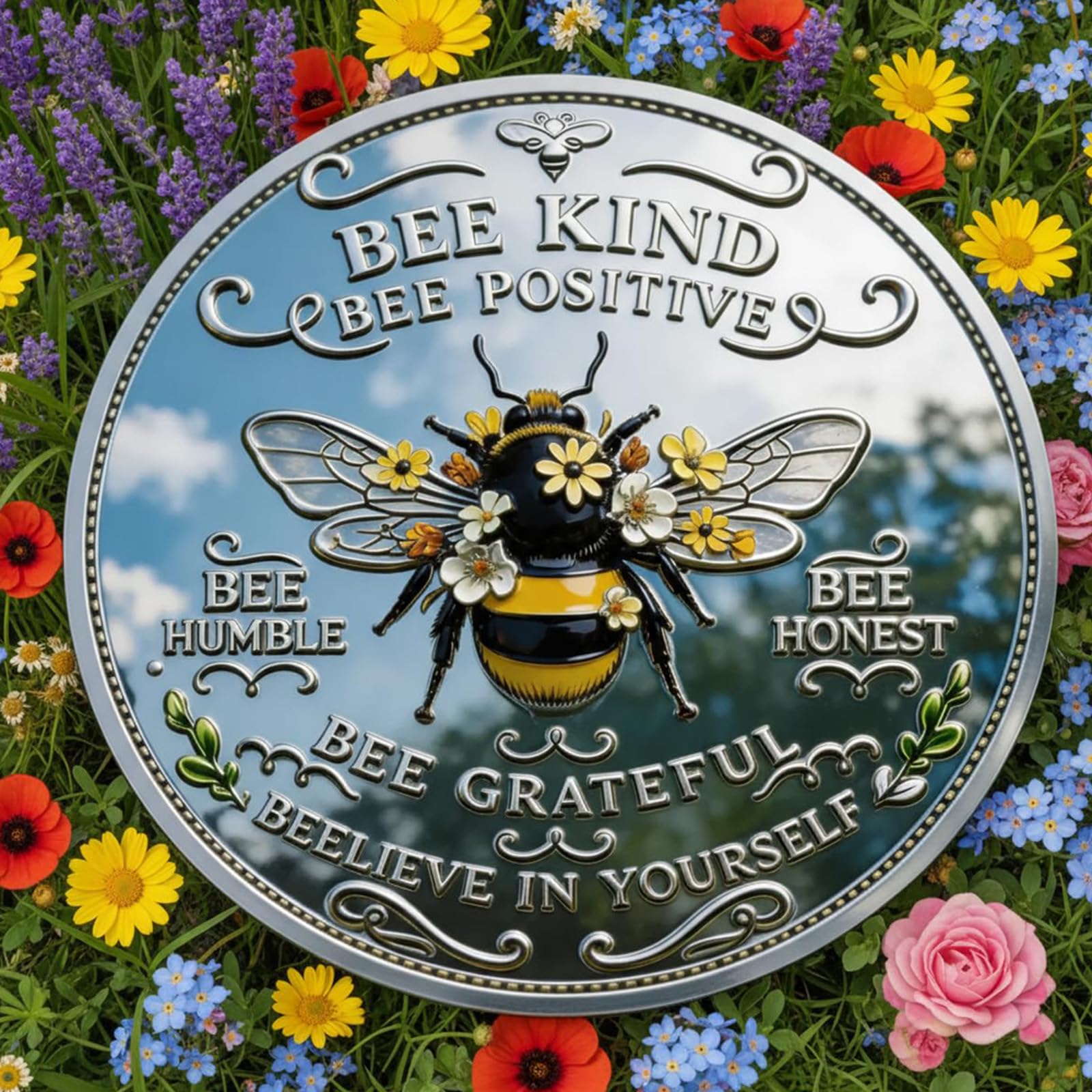 Moneda de positividad tipo abeja, ficha de abeja inspiradora de doble cara con diseño de girasol y laurel, moneda de desafío motivacional para la afirmación diaria (3pcs)