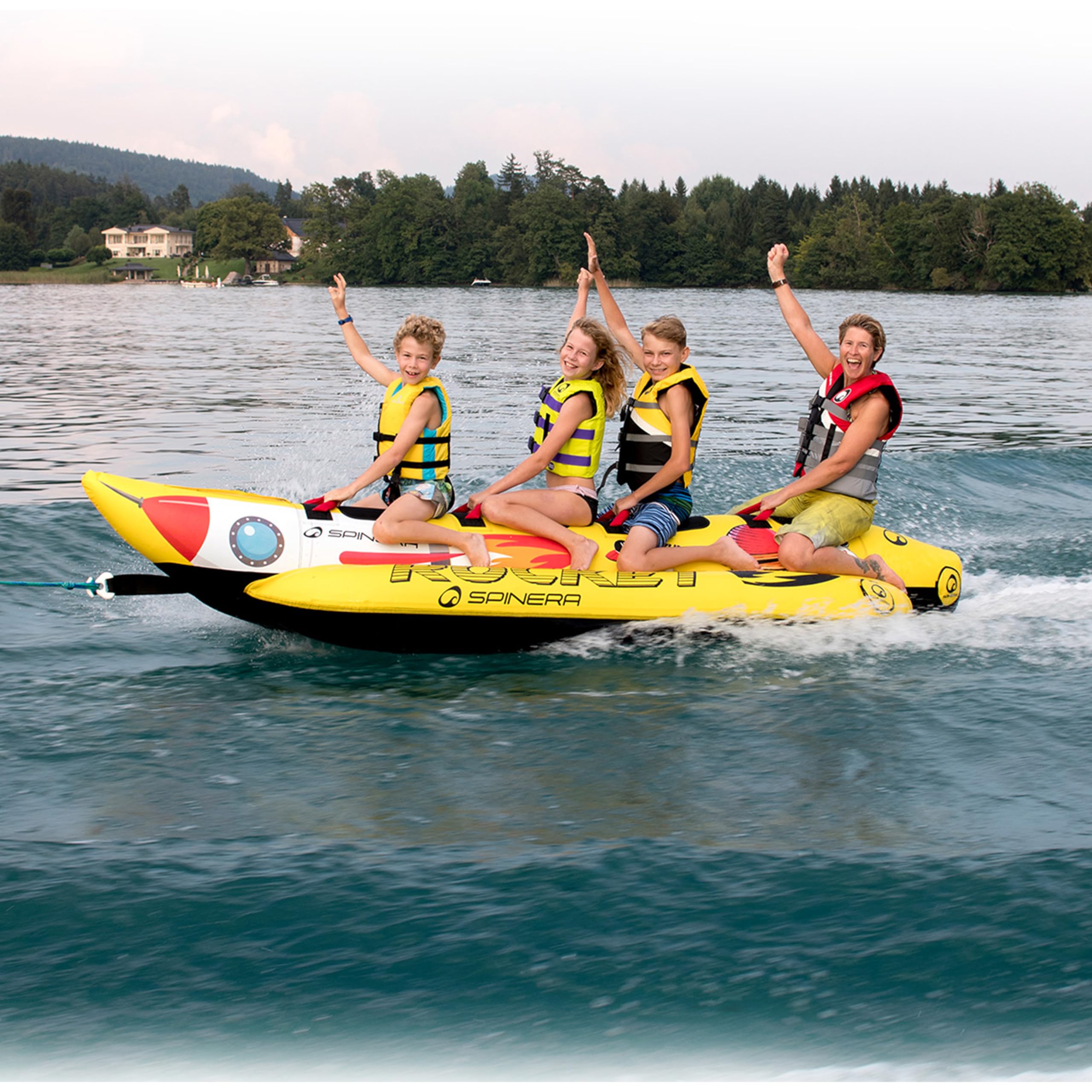 SPINERA Rocket 2 3 4 Towable Banana Tube für 2–4 Personen aufblasbares Wassersport-Tube Neopren-Handgriffe Nylonhülle 3-Kammern-System