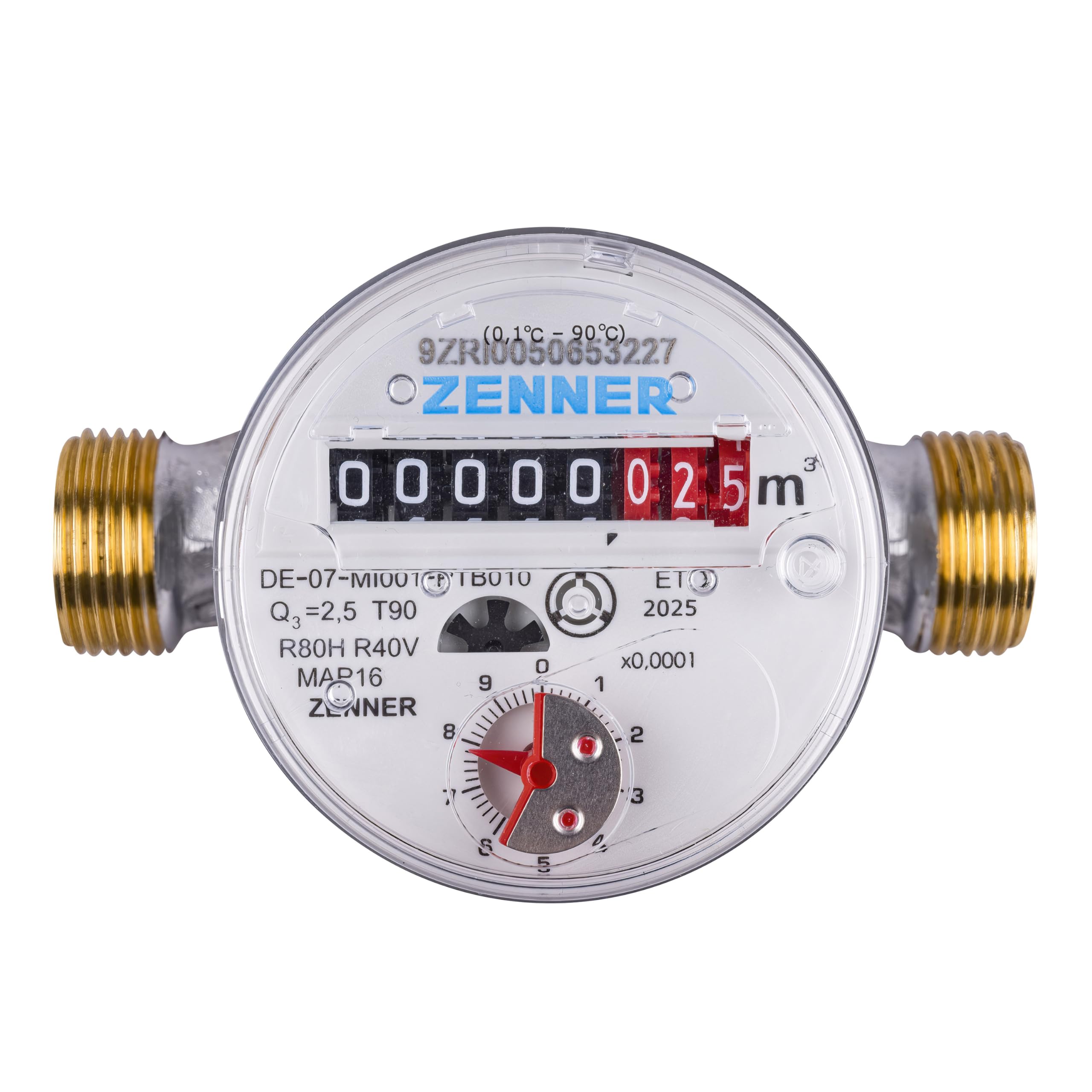 Contador de agua de Zenner Q3 = 2,5 para agua fría + caliente, BL 110 mm, 3/4 pulgadas de conexión/calibrado 2026 con la marca "CE M26 0102" lateralmente en el contador.