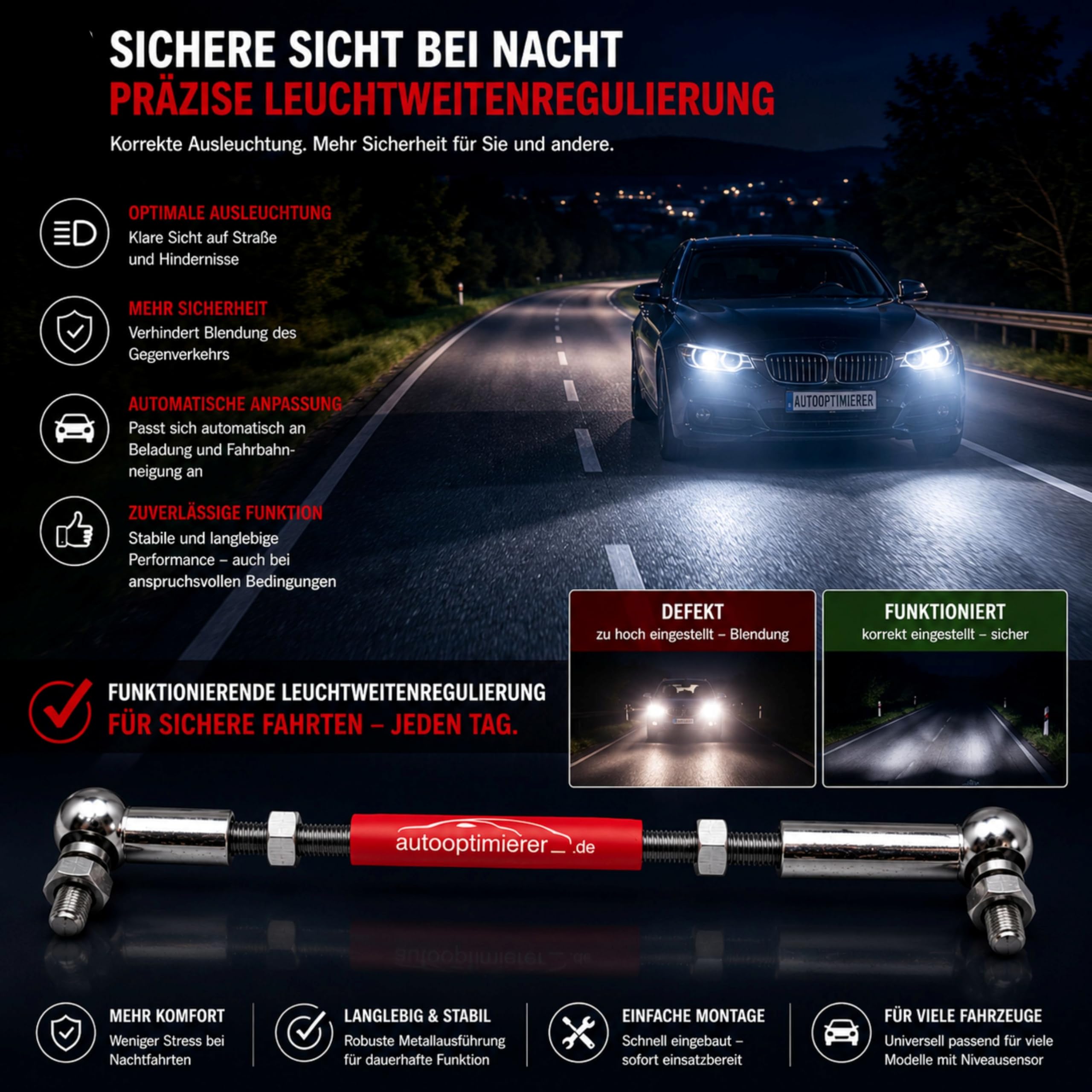 autooptimierer Xenon Reparatursatz Universal – Koppelstange für Leuchtweitenregulierung – Niveausensor M6 einstellbar – Reparaturset für Scheinwerfer-Höhenregulierung