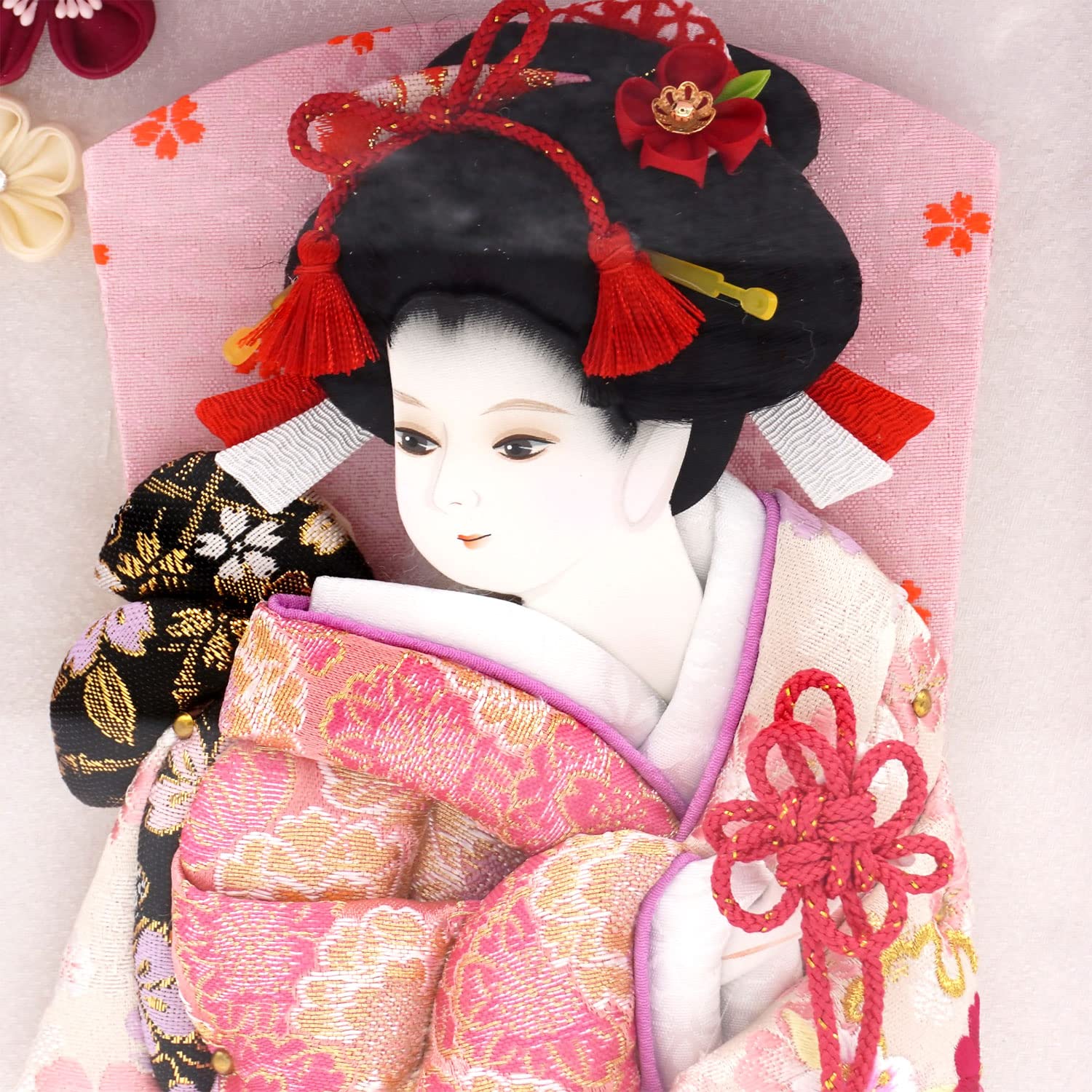 人形の久月 刺繍振袖羽子板 ピンク額型アクリルケース入り402