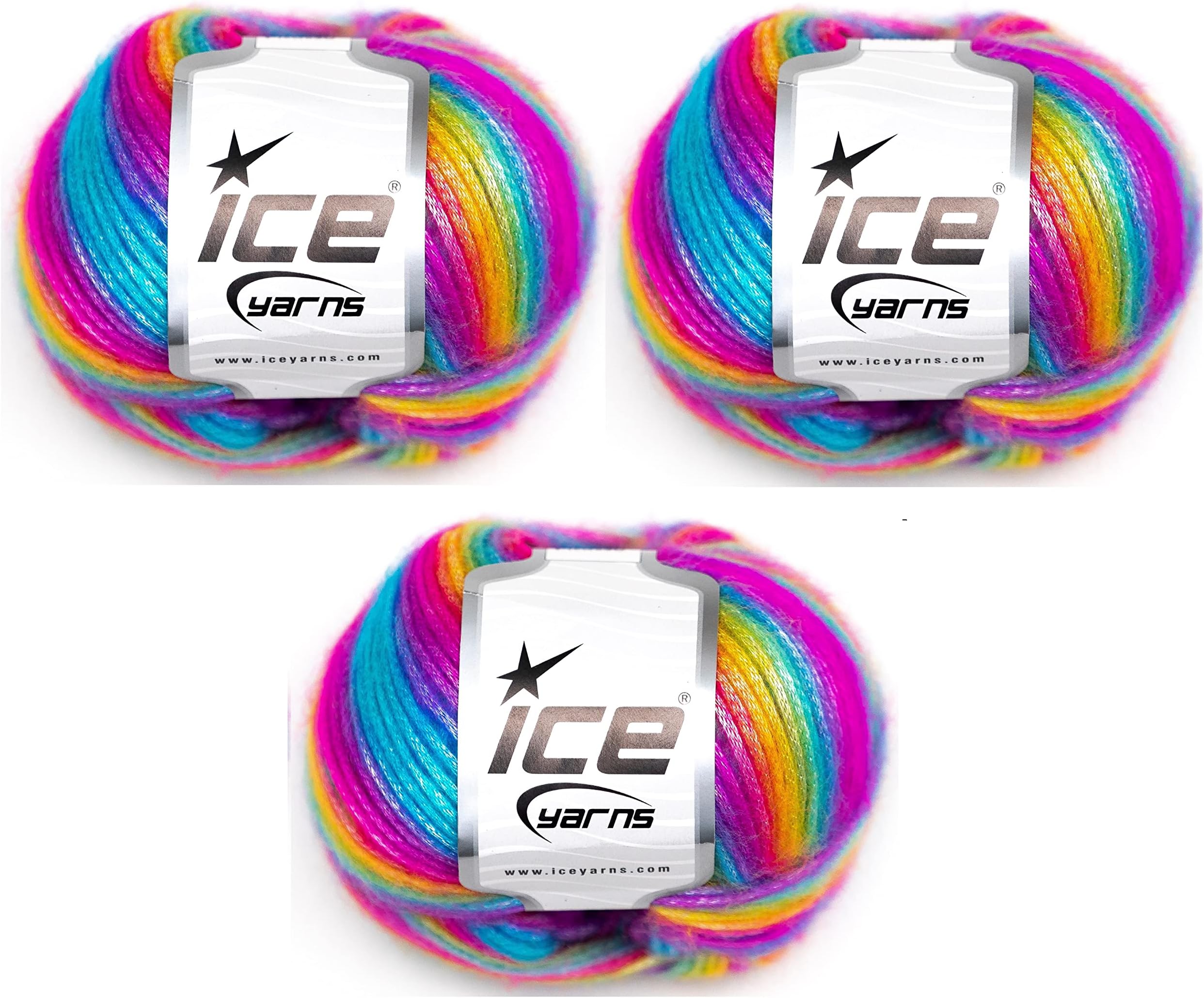 Ice Yarns Picasso Rainbow (3-Piece Pack) Blue, Purple, Green, Yellow, Orange, Pink Fuzzy with Subtle Sheen Yarn 44% Acrylic, 56% Polyester (3x1.76 Oz),(3x125 yds)