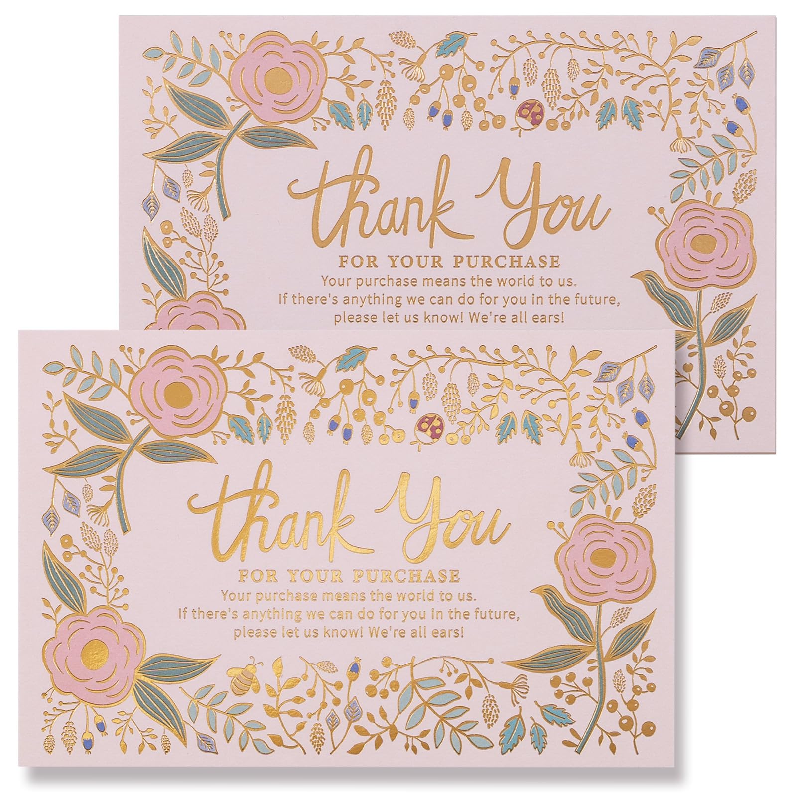 Prims & Flourish Thank You For Your Order Cards, 50-Pack Thank You For Your Purchase Cards, Gold Foil Floral, 4 x 6 Inches, Postcard Size
