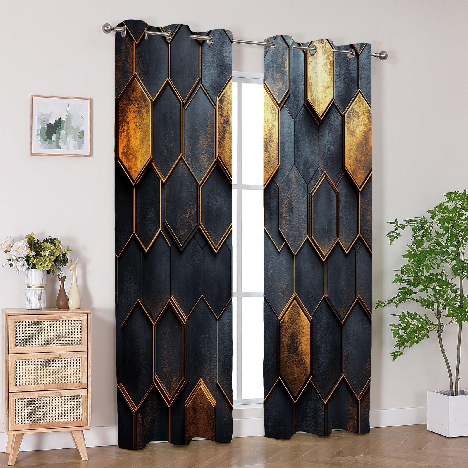 Verdunkelungsvorhänge Abstrakter, Modernes geometrisches Goldwabenmuster Moderne Kunstmalerei, Vorhang für Wohnzimmer, Schlafzimmer-H215 x B100 cm (2er Pack)