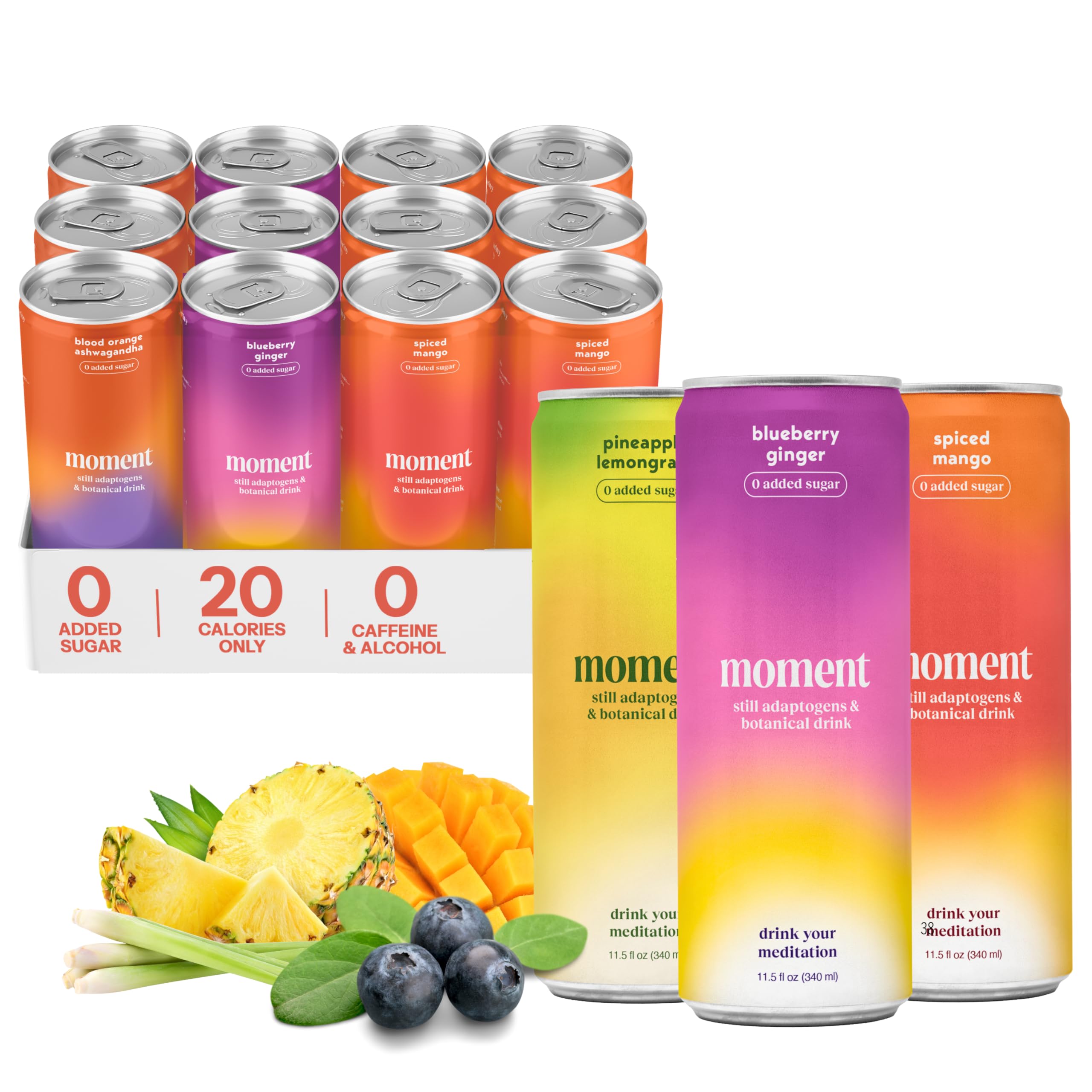 Moment Adaptogen Drink (Shark Tank) | NON-CARBONATED Non Alcoholic Drinks | Classics | L-Theanine & Ashwagandha for Calm & Clarity | 0 Added Sugar, 0 Caffeine | 12-pack