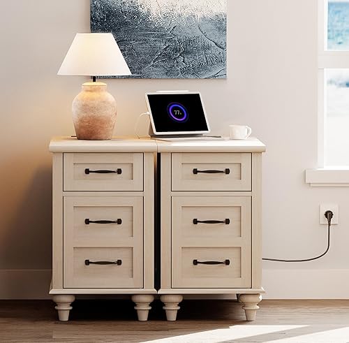 Miniatura 10 de WAMPAT Juego de 2 mesas auxiliares de granja con estación de carga, mesa auxiliar de madera con cajón y armario de almacenamiento, mesita de noche